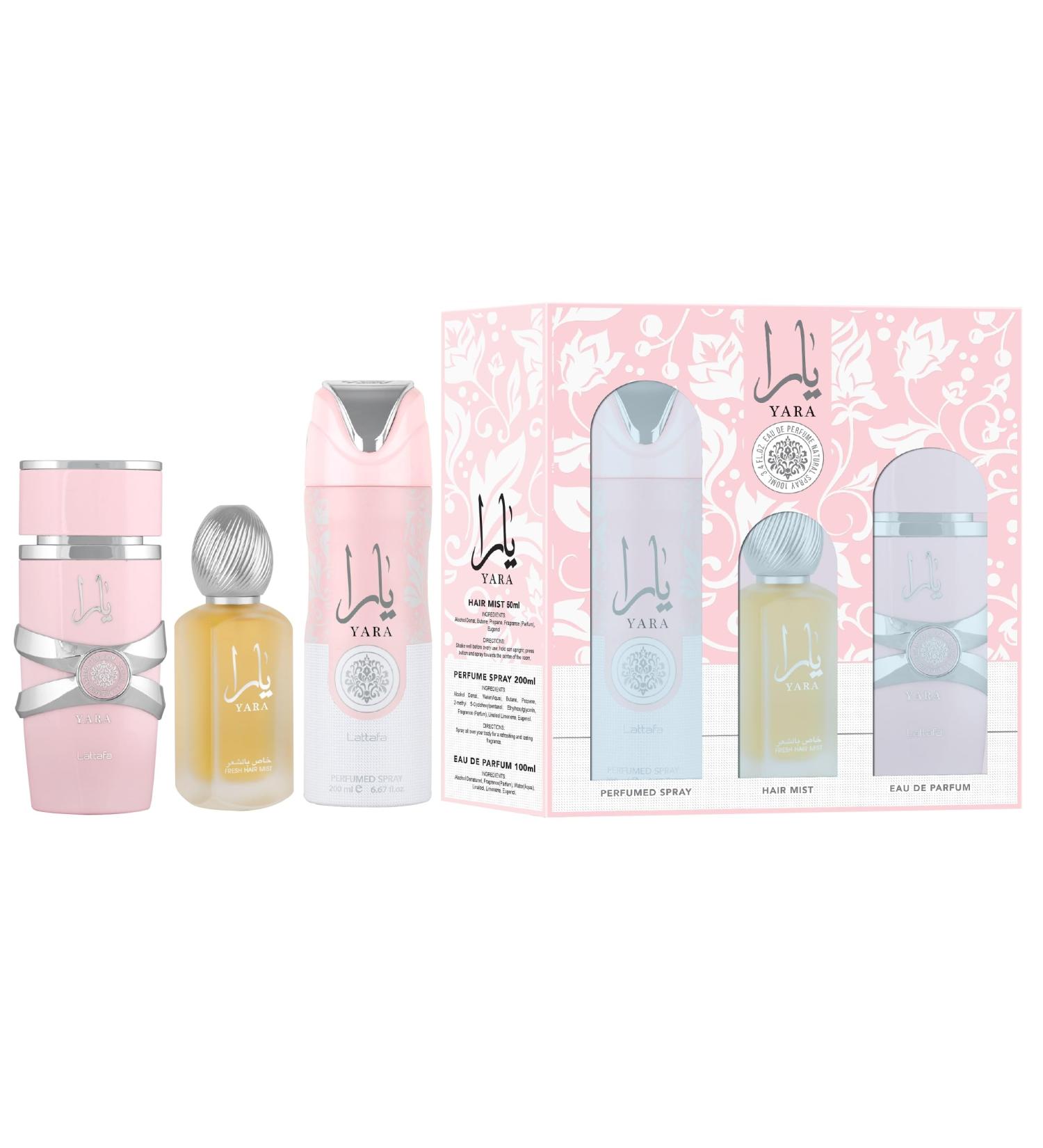 Lattafa Yara for Women 3 Piece Set (3.4 Oz Eau de Parfum Spray + 1.7 Oz Hair Mist + 6.7 Oz Deodorant Spray) 3.87 Fl Oz (Pack of 3) - Buy Online on GoSupps.com