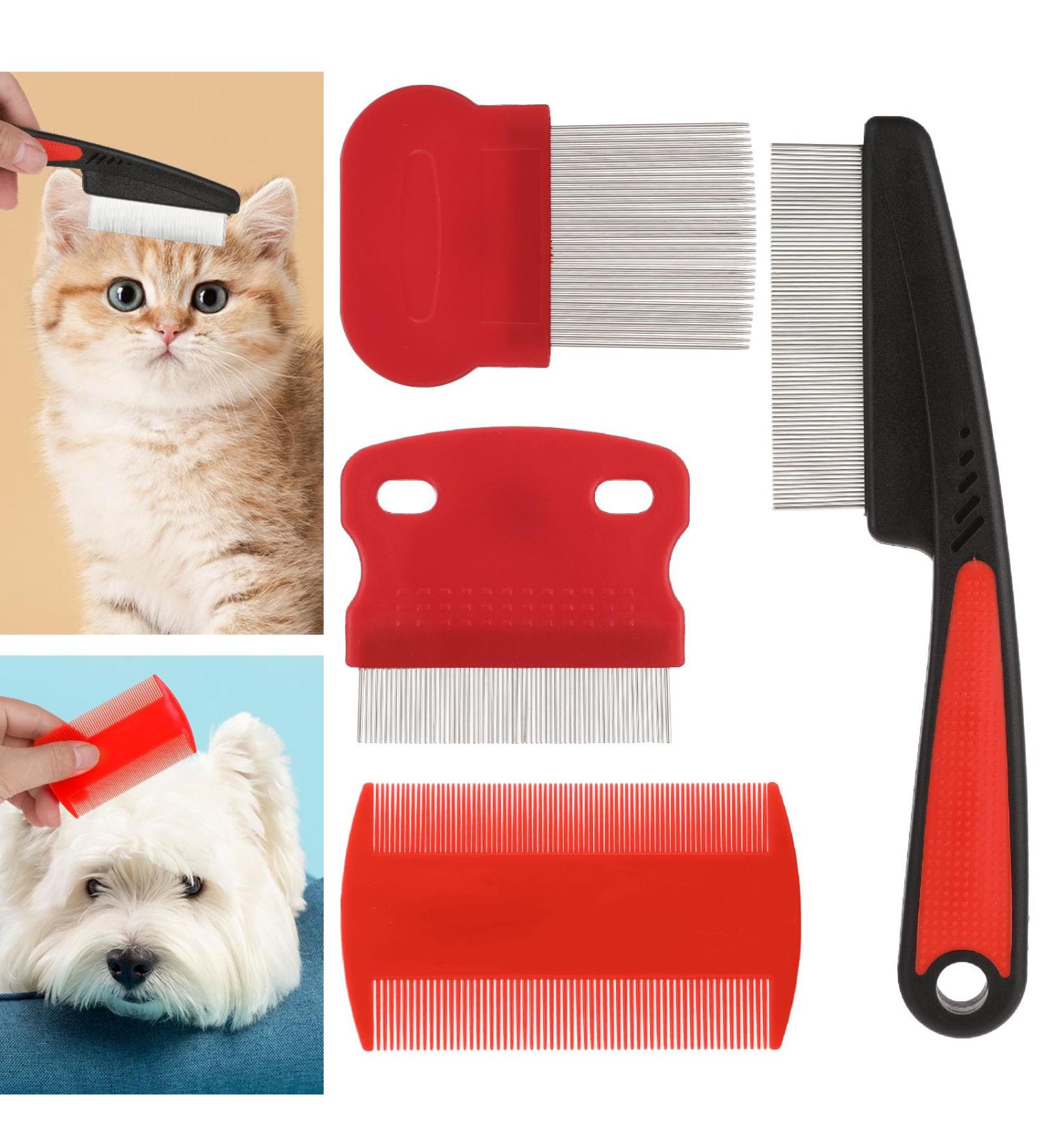 Molain Cat Dog Flea Comb Set - 4 Piece Tear Stain Remover & Grooming Tool for Pets - Red - Buy Online on GoSupps.com