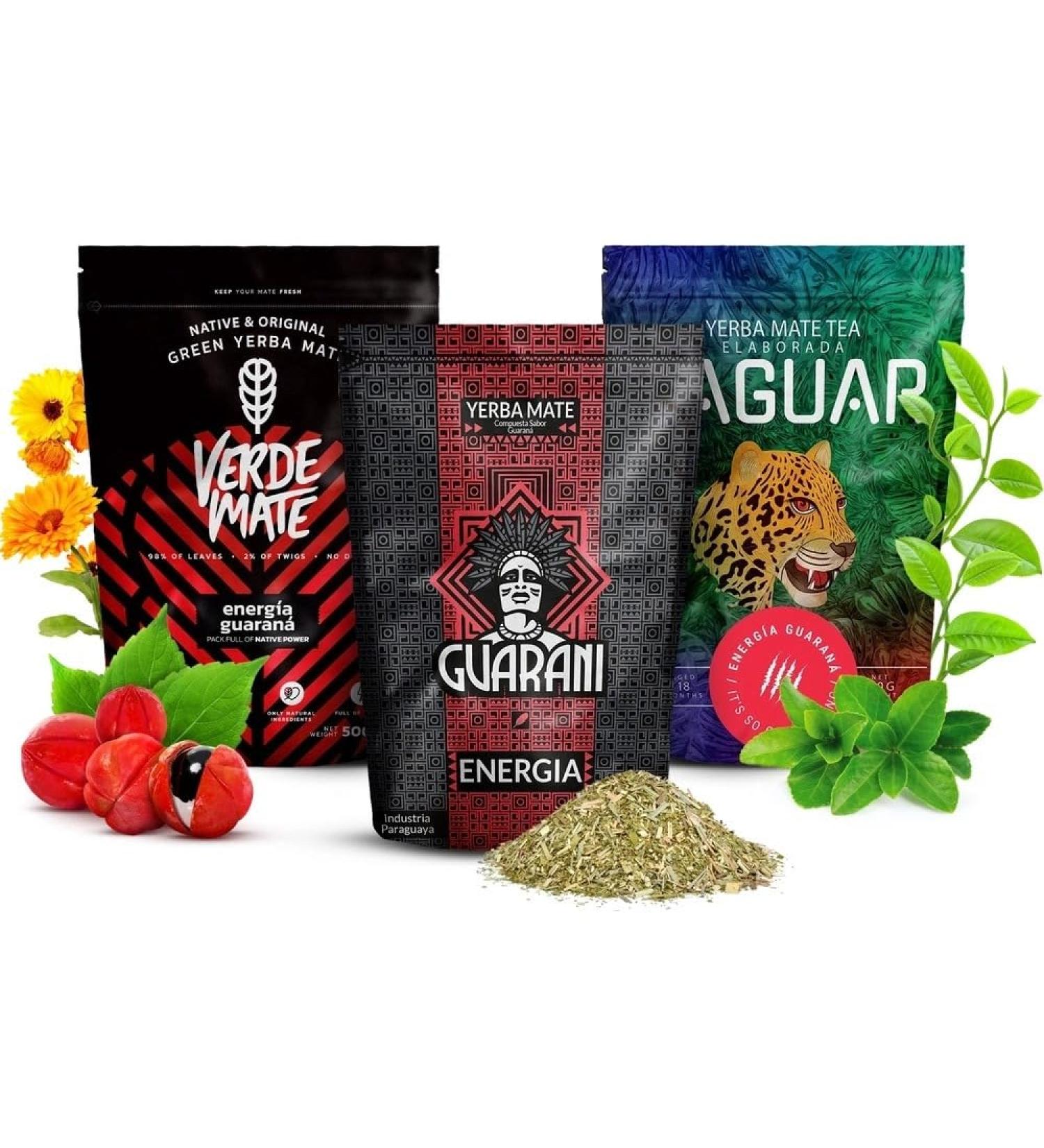 3 x 500 g Yerba Mat avec Guarana | Verde Mate Green Energia Stimulant 500 g | Guarani Energia riche en caf ine 500 g | Yaguar Energia nergisant 500 g | Pour d butants et avanc s ! - Buy Online on GoSupps.com