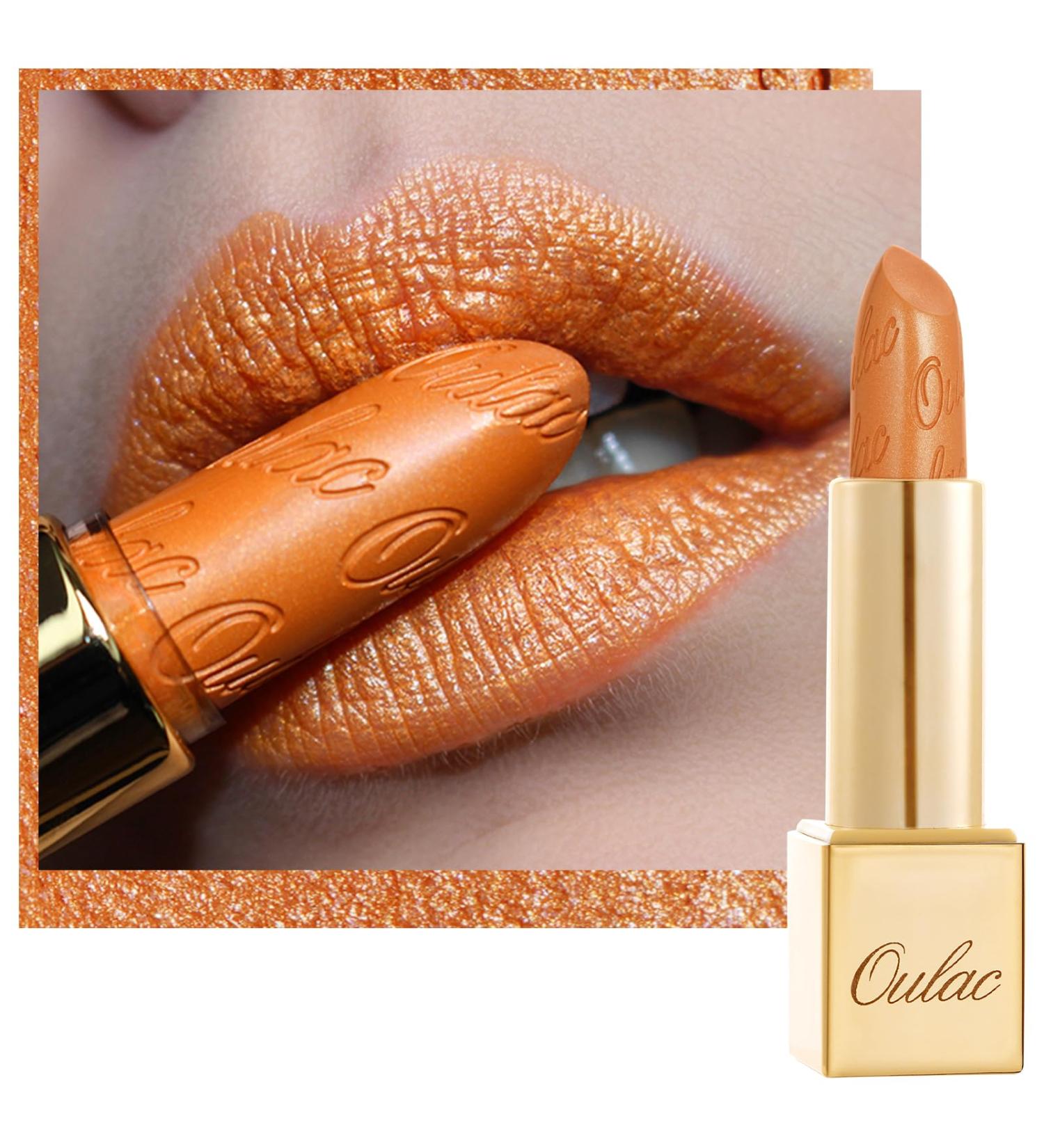 Oulac Metallic Gloss Lipstick - Long-Lasting Orange Glitter - Vegan 3D Color - 4.3g (Persimmons 19) - Buy Online on GoSupps.com
