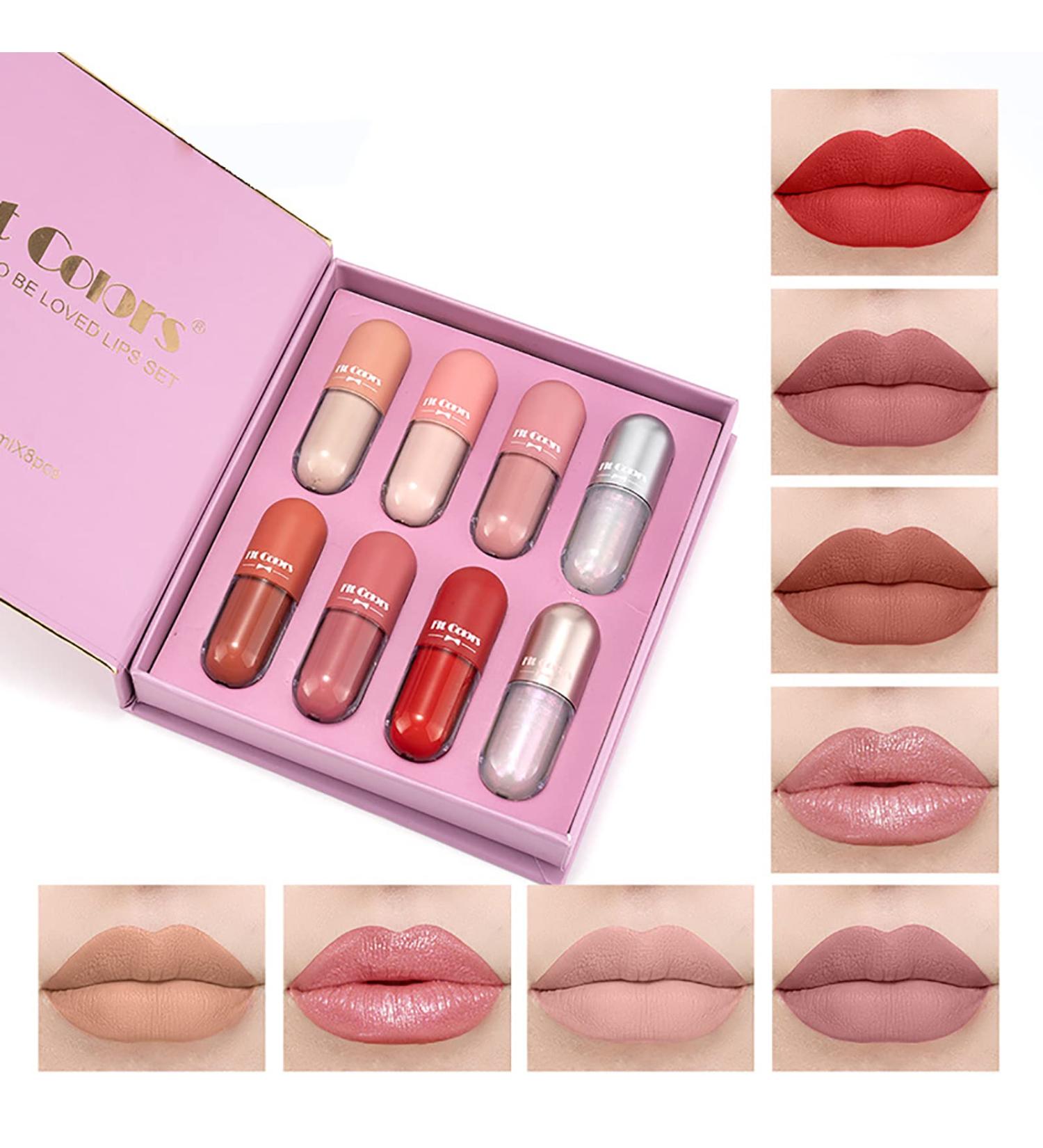 Shop 8PCS Nude Pink Lip Gloss Gift Set - Non-Fade Waterproof Liquid Lipstick & Velvet Matte Kit for Girls | Lasting Beauty Cosmetics - Buy Online on GoSupps.com