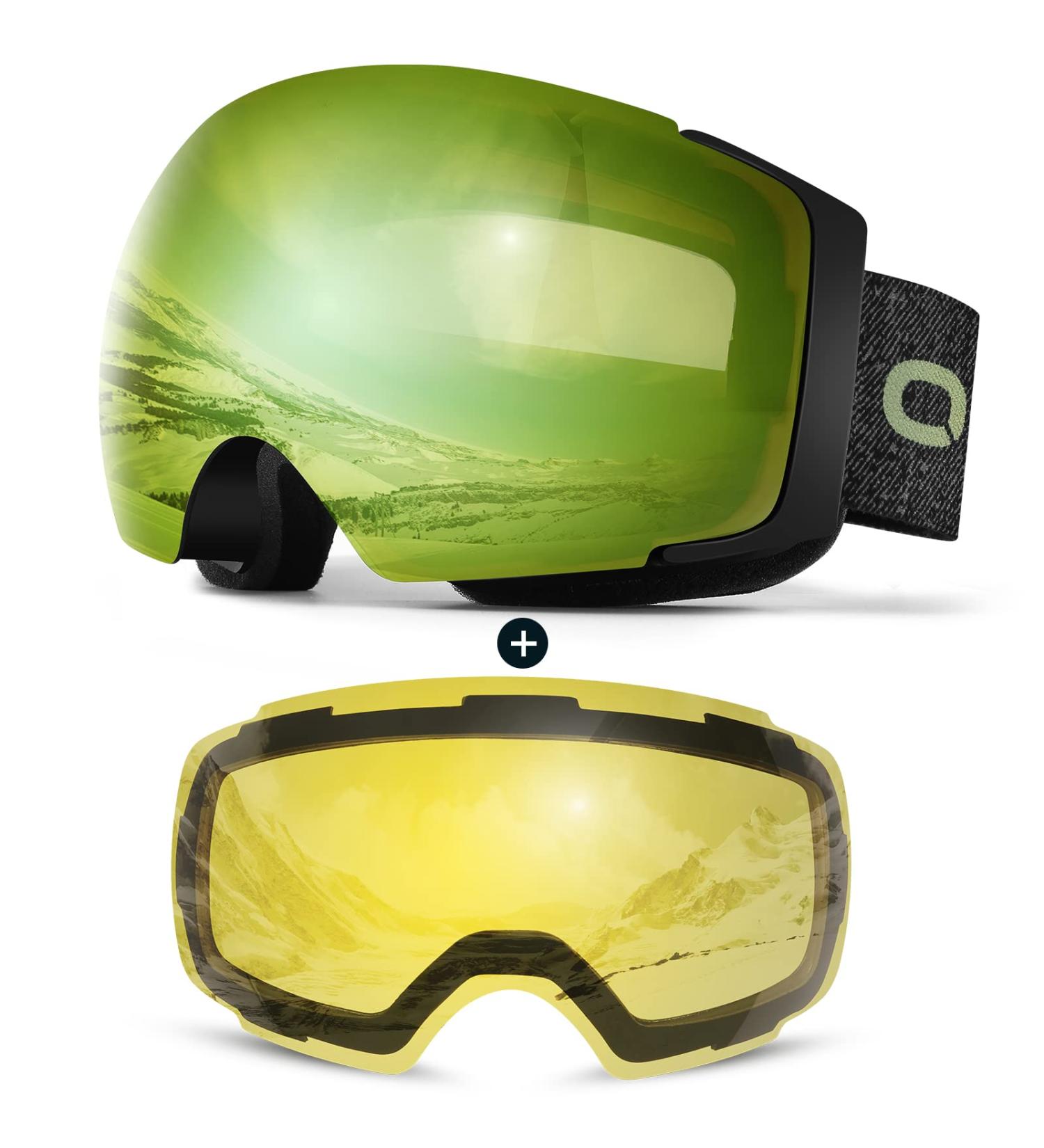 Odoland Magnetic Interchangeable Ski Goggles | Large Spherical Frameless Snowboard Goggles | Black Frame Green Lens VLT 35% - Buy Online on GoSupps.com
