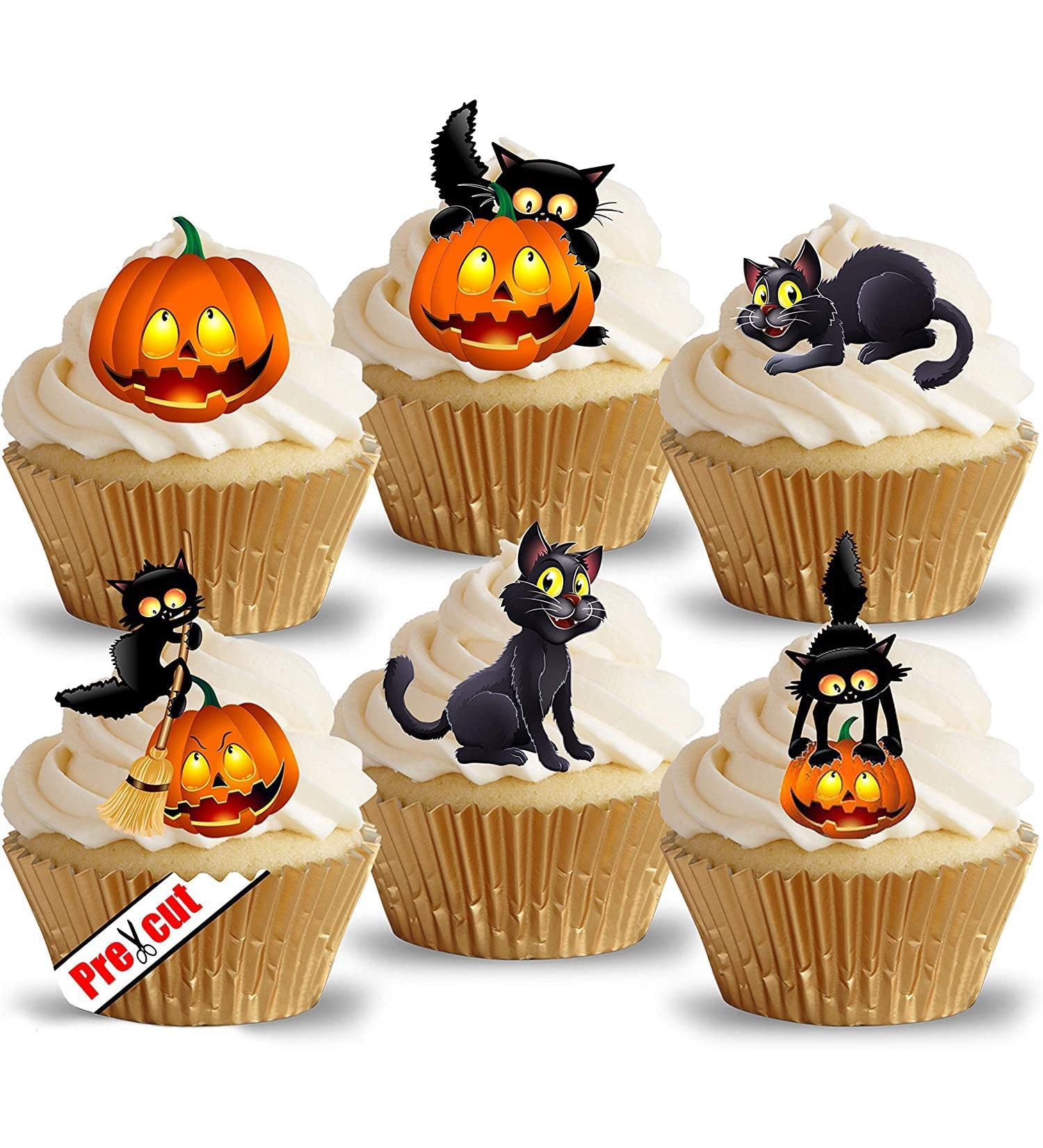 24 x Pre-Cut Cat & Pumpkin Edible Rice/Wafer Paper Cupcake Cake Toppers Halloween Party Birthday Decorations