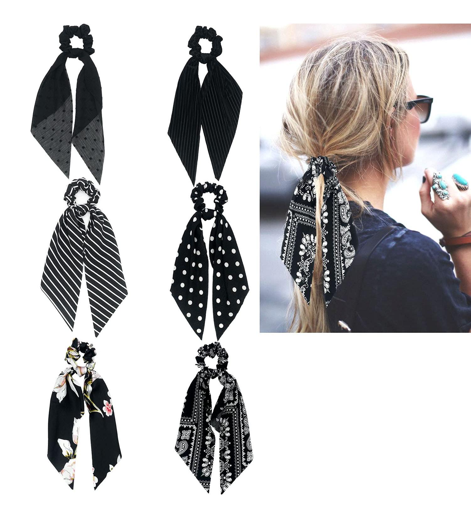 Black Scrunchies Hair Ribbon Ties with Long Bow - 6PCS Set for Women and Girls - Buy Online on GoSupps.com
