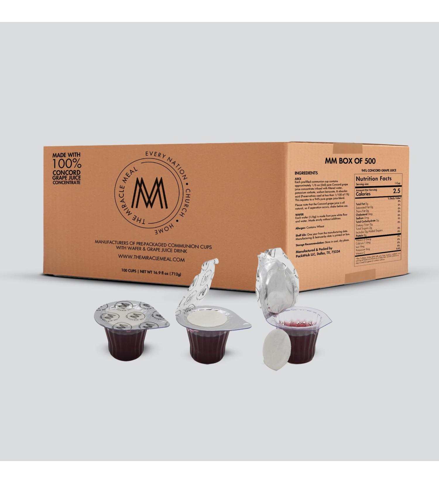The Miracle Meal Pre-Filled Communion Cups & Wafers - Box of 500 - with 100% Trusted Concord Grape Juice & Wafer - Made in The USA - Premium Quality Guaranteed - Buy Online on GoSupps.com