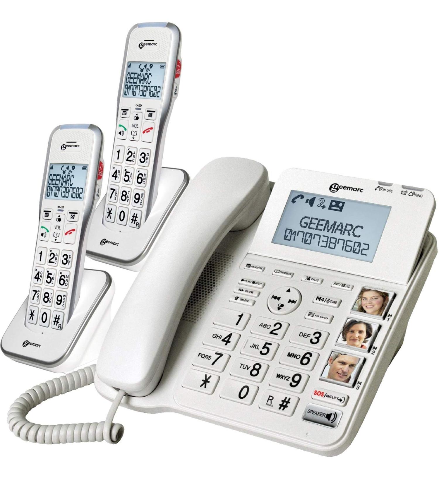 Geemarc Amplidect 595 Combi Twin - Amplified Corded Phone with 2 Cordless Handsets, Big Buttons and SOS Buttons - Hearing Aid Compatible - Buy Online on GoSupps.com
