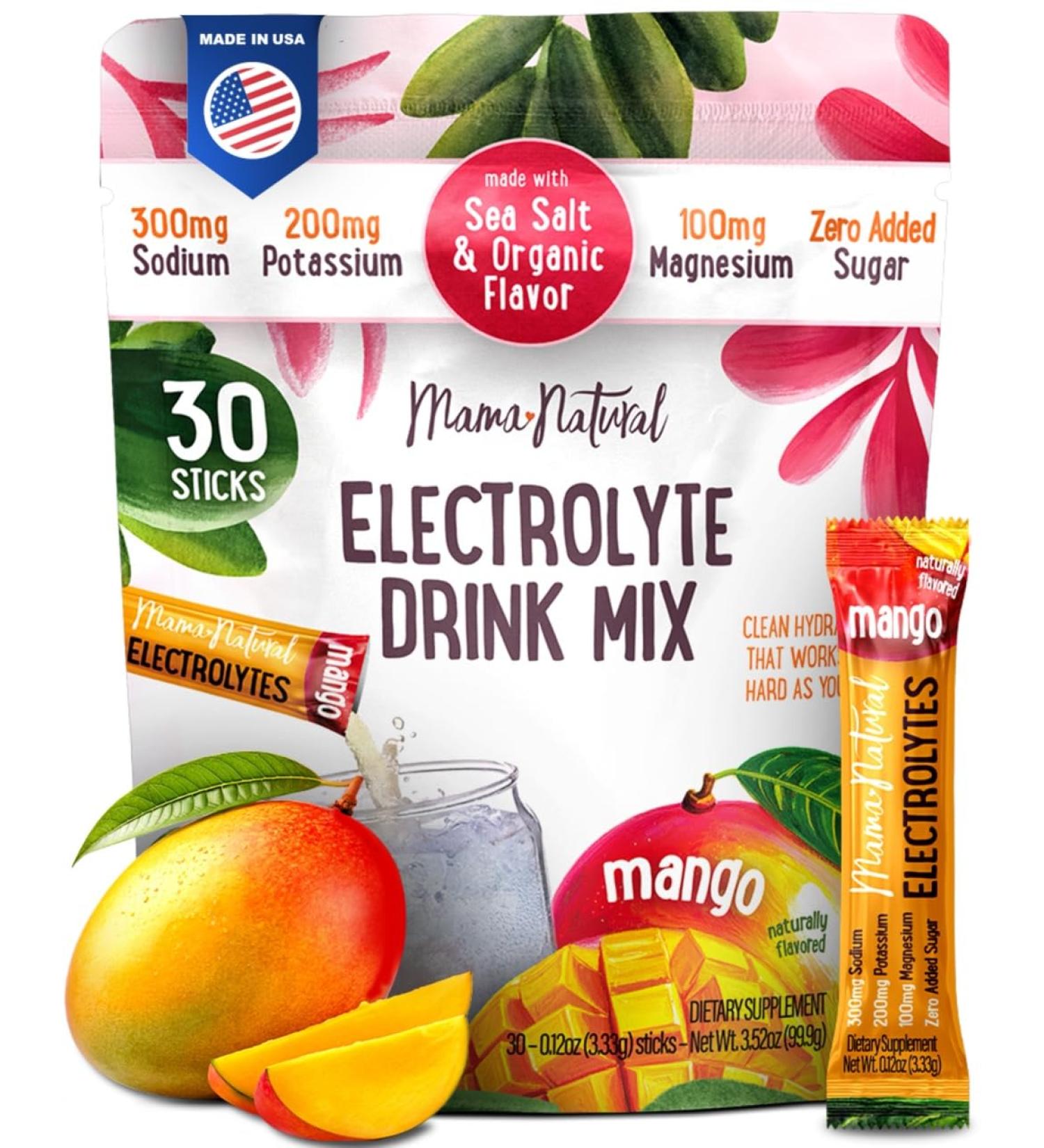 Mama Natural Electrolytes Powder Packets Instant Hydration with natural Sea Salt Potassium & Magnesium Glycinate Sugar Free Organic Mango Flavor 30 Travel Sticks for Postpartum & Pregnancy Mango 1.05 Pound (Pack of 1) - Buy Online on GoSupps.com