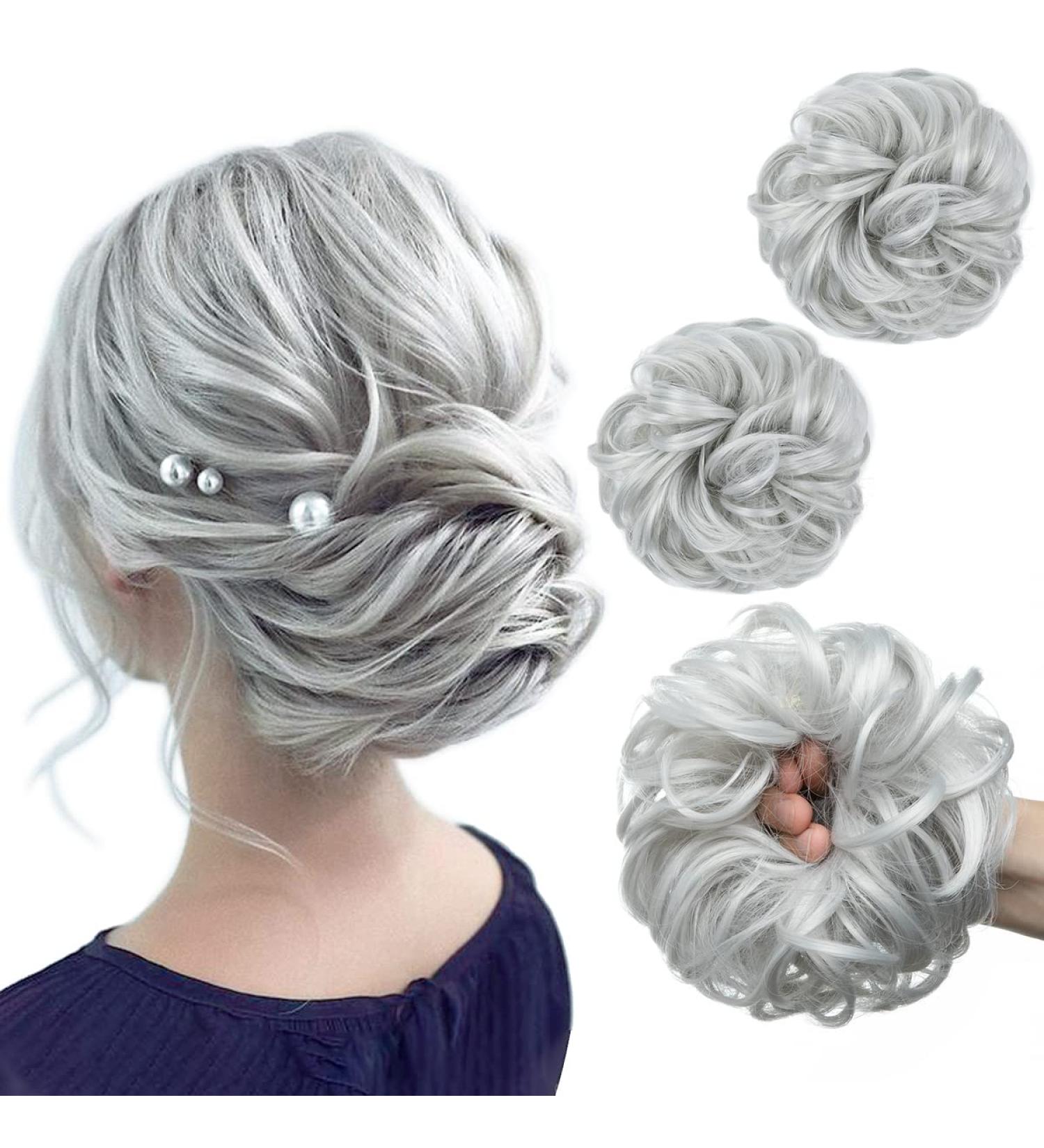 SARLA 2PCS Small Synthetic Messy Hair Bun Scrunchies in Light Silver Grey - Updo Hair Extensions for Women and Girls - Buy Online on GoSupps.com