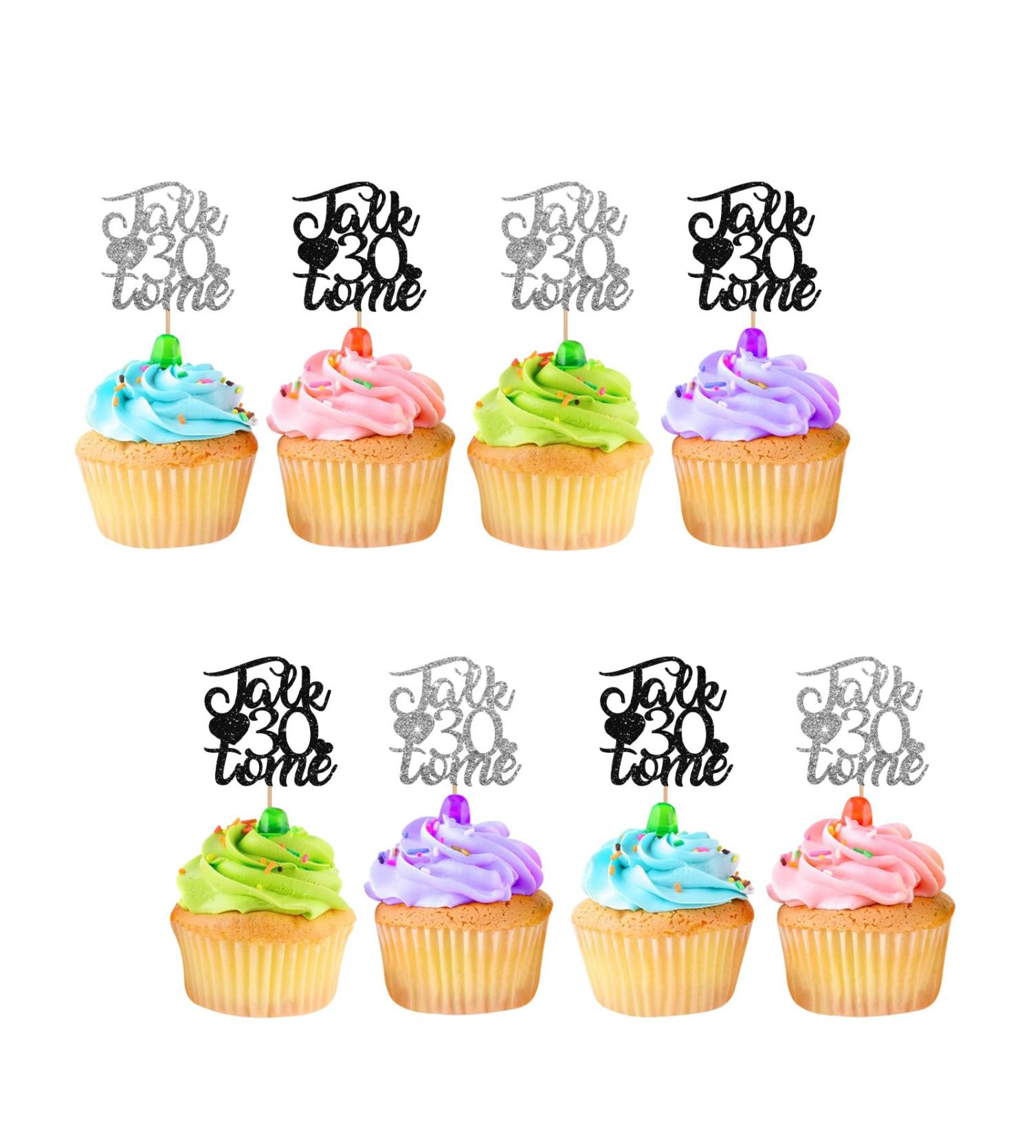 Talk 30 To Me Cupcake Toppers for 30th Birthday Number 30 Sign Cupcake Toppers Black & Silver Glitter Cake Decorations for Cheers to 30 Fabulous Birthday Party Supplies - 24pcs silver&black - Buy Online on GoSupps.com