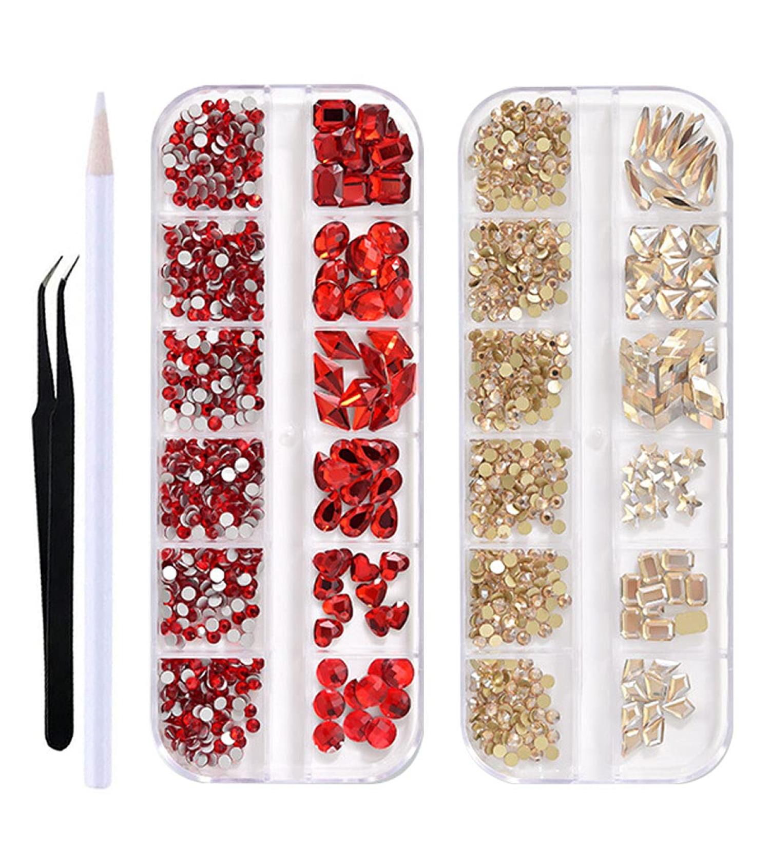 WOKOTO 2 Box Flat Back Champagne and Red Nail Rhinestones Crystal Set with Tweezers and Pencils Kit - For Acrylic Nails, Fake Diamonds, Rhinestones - Girls & Women - Buy Online on GoSupps.com