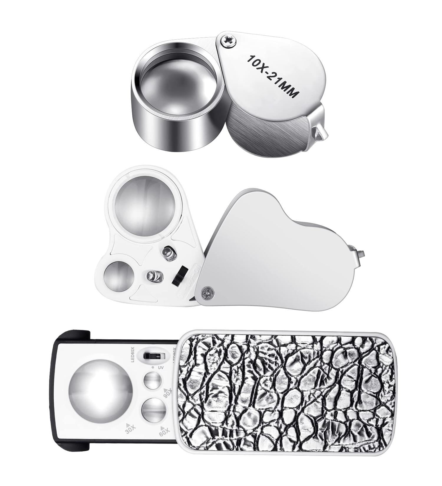 3 Pieces Jewelers' Loupe  30X 60X 90X Illuminated Jewelers Eye Loupe Magnifier  Portable Loupe Magnifier with UV Black Light  with 10x Loupe Magnifier for Jewelry Coins Gems Stamps Watches Rocks - Buy Online on GoSupps.com