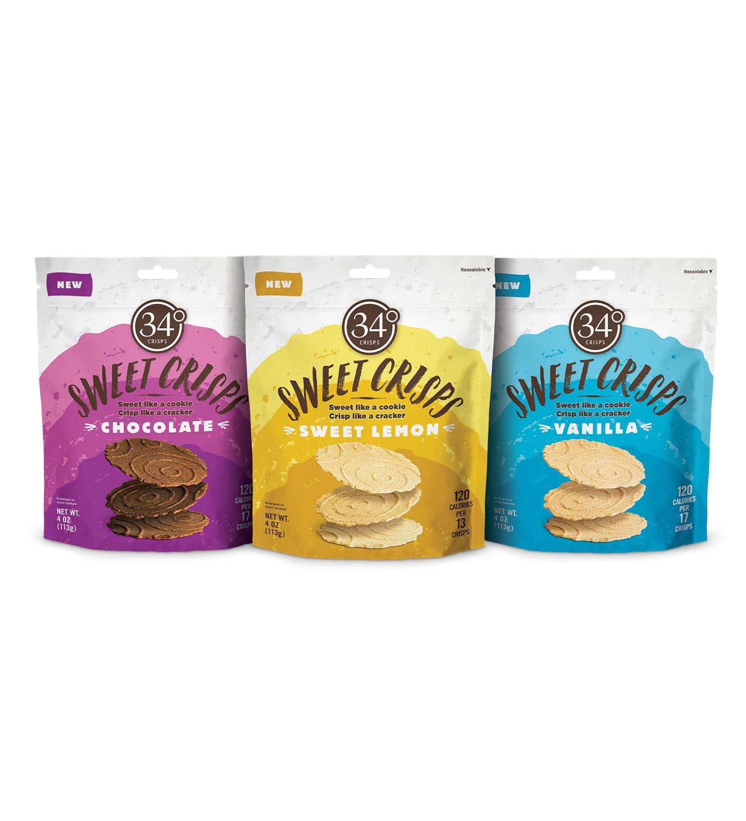 34 Degrees Sweet Crisps Variety Pack - Lemon, Vanilla, Chocolate | Thin & Crunchy | 3 Pack (4oz each) - Buy Online on GoSupps.com