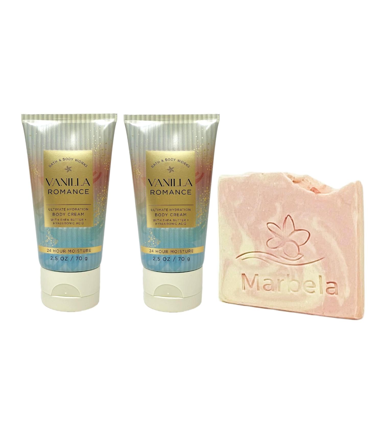 Bath & Body Works Vanilla Romance 2 Piece Body Cream Bundle with a Himalayan Salts Springs Sample Soap - Travel Size