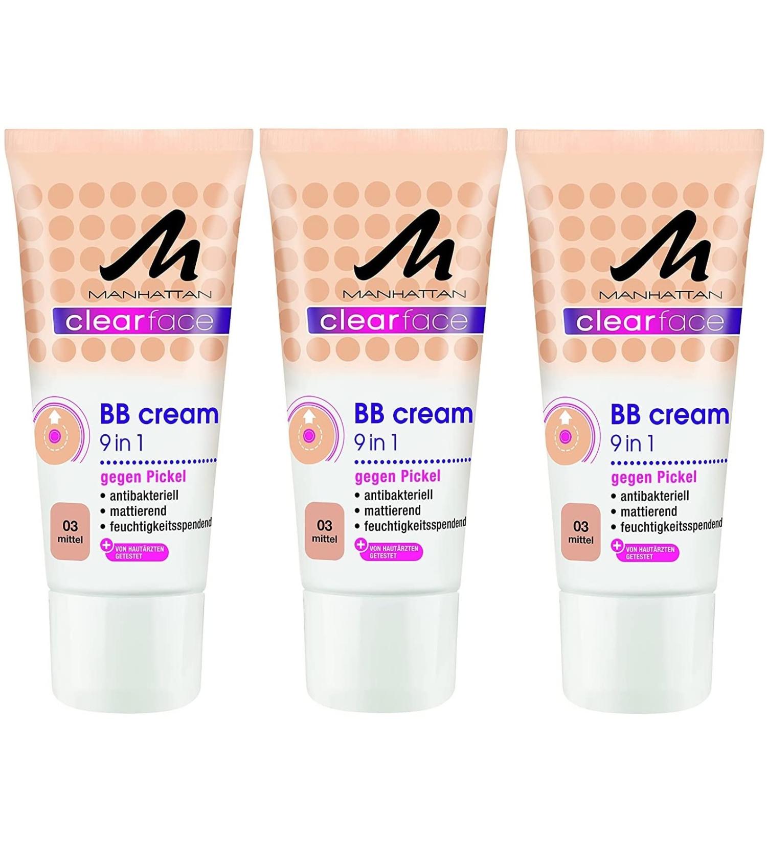 Manhattan Clearface BB Cream 9 In 1 Antibacterial Against Pimples 03 Medium Pack of 3 (3 x 25ml)