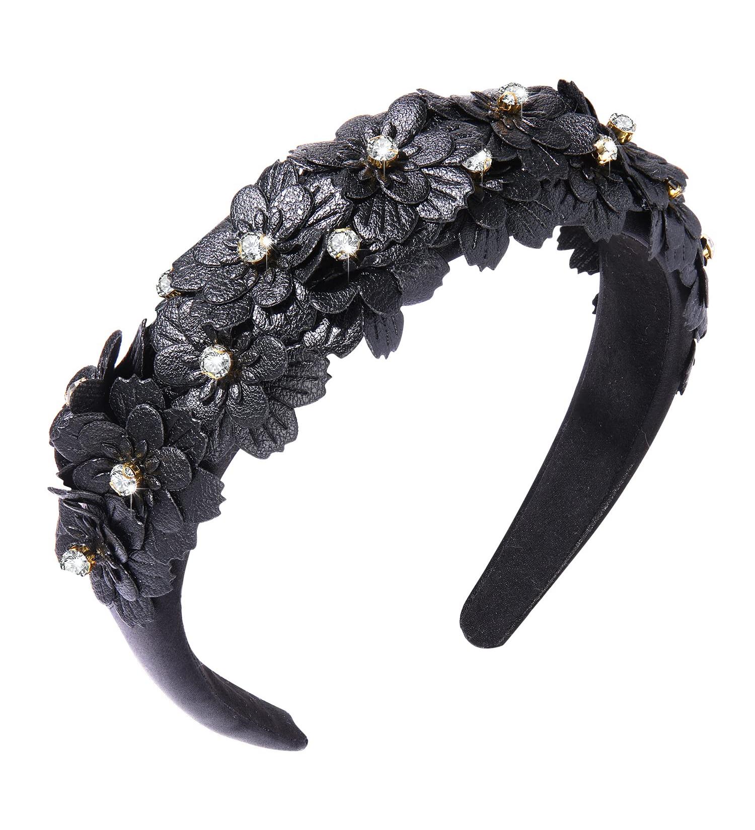 Padded Floral Crystal Headband | Rhinestone Embellished Leather Hair Hoop for Women and Girls - Black - Buy Online on GoSupps.com