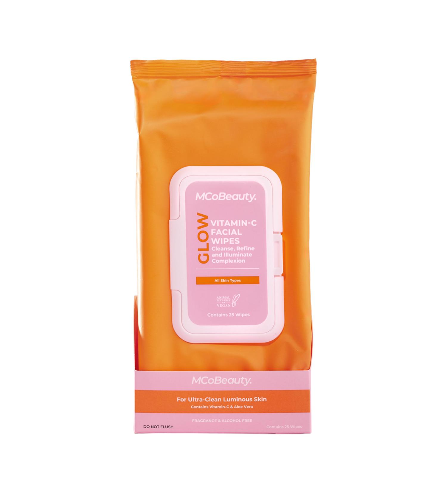 MCoBeauty Vitamin C Facial Wipes | 25 Vegan Wipes with Hyaluronic Acid & Antioxidants | Cruelty-Free Skincare for Radiant Skin - Buy Online on GoSupps.com