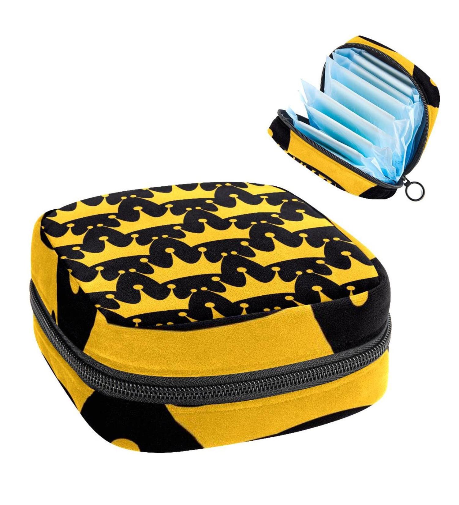 Golden Royal Crown Pattern Black Sanitary Napkin & Menstrual Cup Storage Bag - Portable Period Pouch for Women & Girls - Multicolored 1 Piece - Buy Online on GoSupps.com