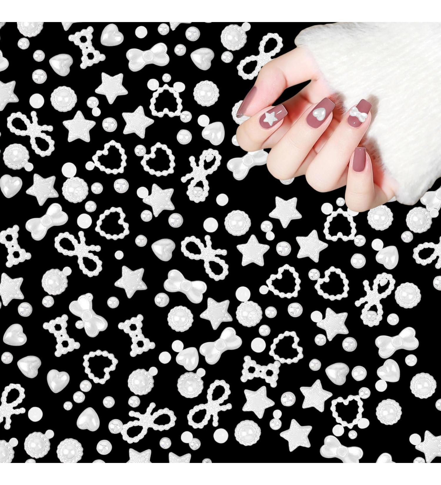 3D Pearl Nail Charms 500 Pcs - Love Heart Star Bow Nail Art Decorations for DIY Nail Design & Jewellery Making - Mixed-White - Buy Online on GoSupps.com