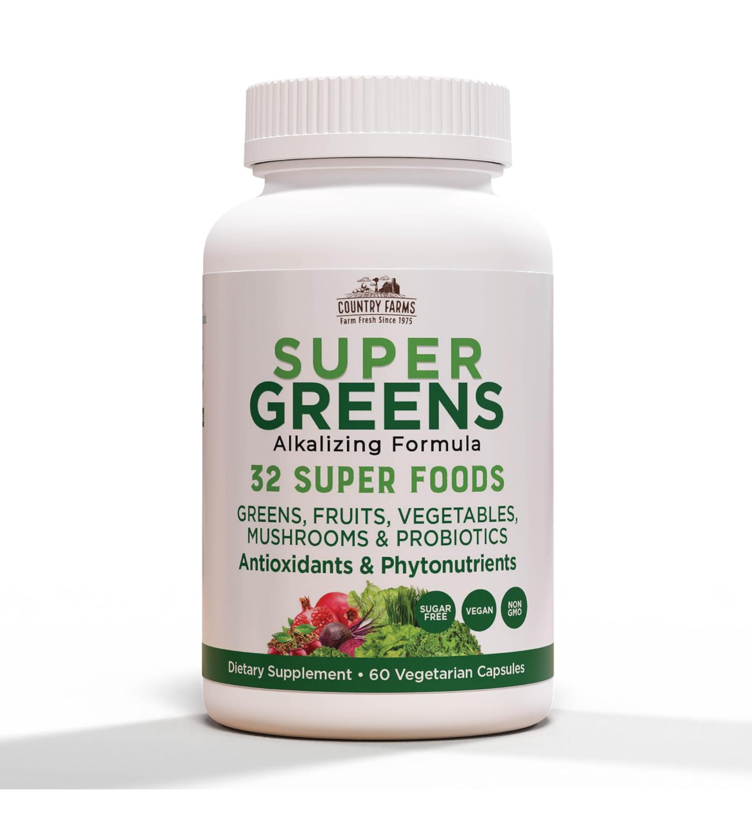 COUNTRY FARMS Super Greens Vegicaps, 32 Super Foods, Whole Food Supplement, Greens, Fruit, Vegetables, Mushrooms & Probiotics, Rich in Antioxidants & Phytonutrients, 120 Count, 60 Servings - Buy Online on GoSupps.com