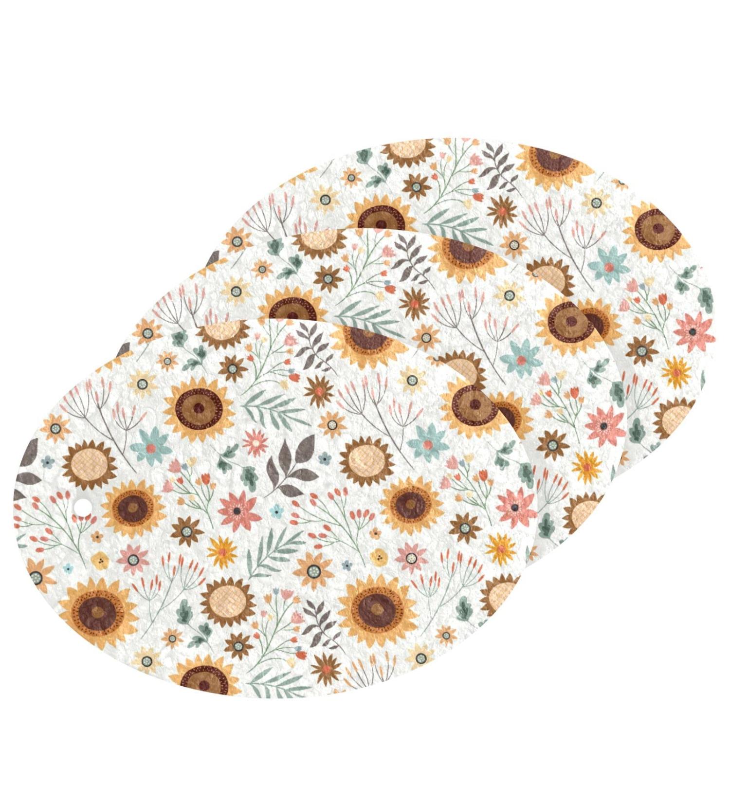 3-Pack Cleaning Kitchen Sponges Oval Sunflower Pattern Kitchen Cellulose Dishwashing Wood Pulp Cotton - Buy Online on GoSupps.com