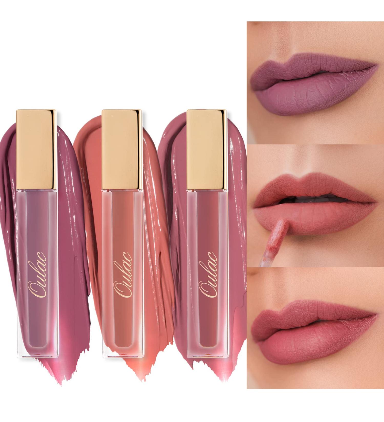 Oulac Matte Liquid Lipsticks 3PCS Set - Long Lasting Lip Stain with Vitamin E & Rose Oil, High Pigment Color, Waterproof Formula - Gluten Free & Vegan Friendly - Buy Online on GoSupps.com
