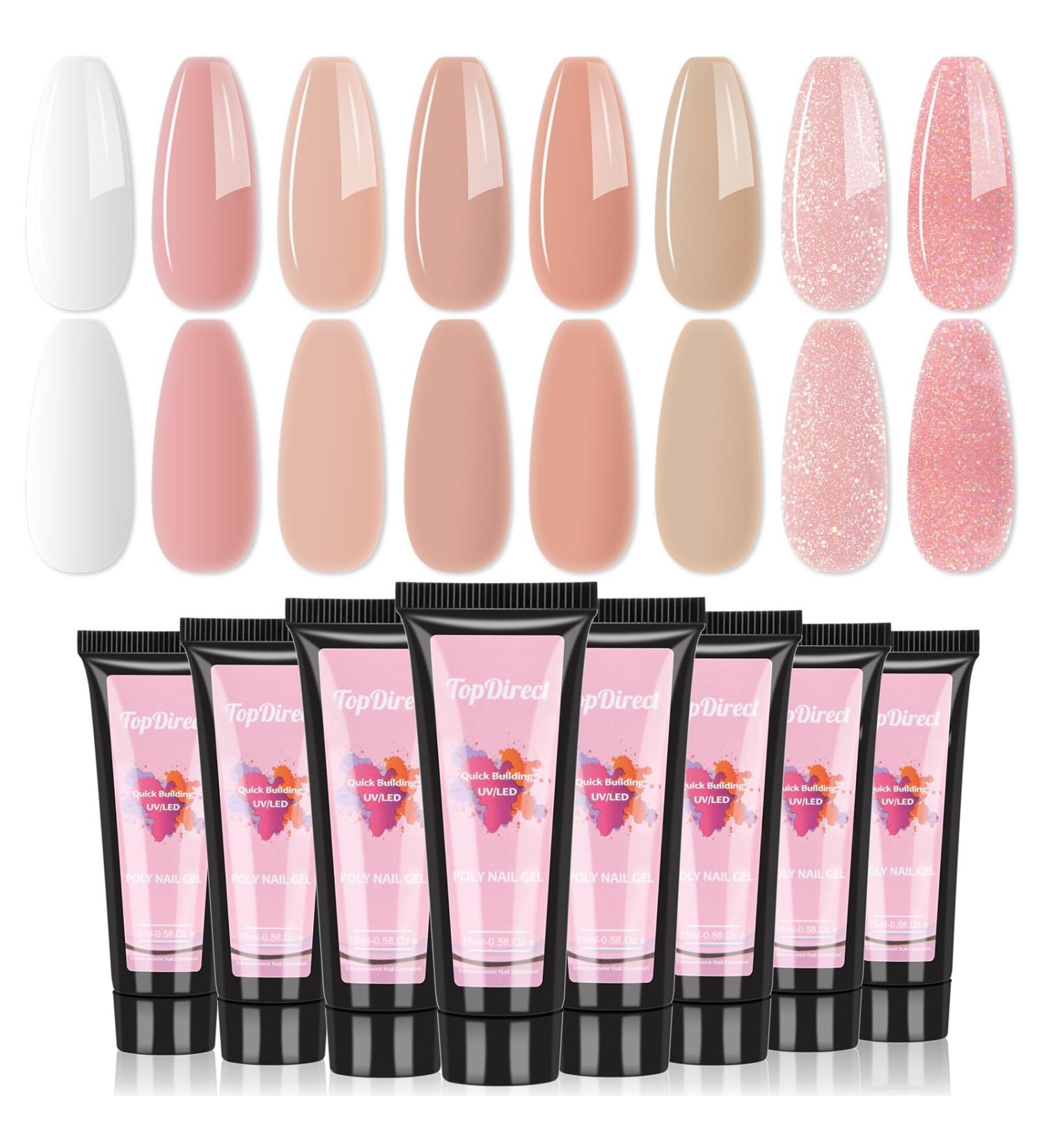 TopDirect 8 * 15 ml Poly Nail Extension Gel Set - White, Pink, Nude Glitter - Acrylic Nail Builder Gel for At-Home Nail Art - Perfect Gift for Women - Buy Online on GoSupps.com