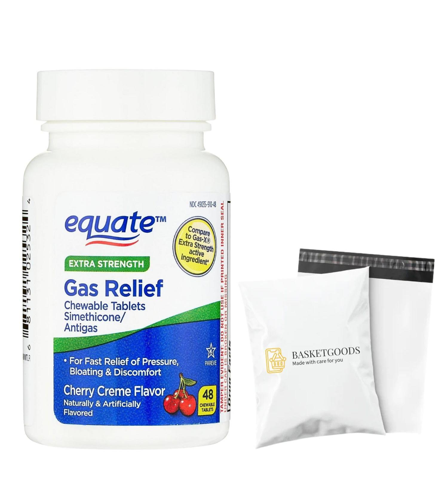 Equate Gas Relief-Simethicone 125 mg Chewable Tablets Cherry Creme 48 Count (Pack of 1) for Stomach Comfort Set by Basket Goods - Buy Online on GoSupps.com