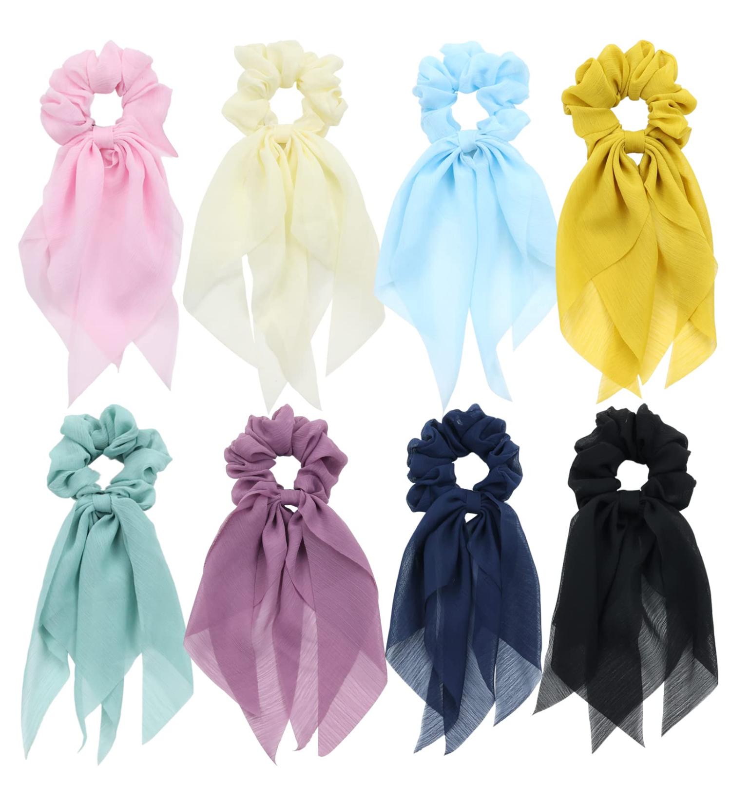 8 Pack Colorful Chiffon Ribbon Hair Bows for Girls - Silk Scrunchies Set for Thick Hair - Ponytail Holders and Headbands for Women - Buy Online on GoSupps.com