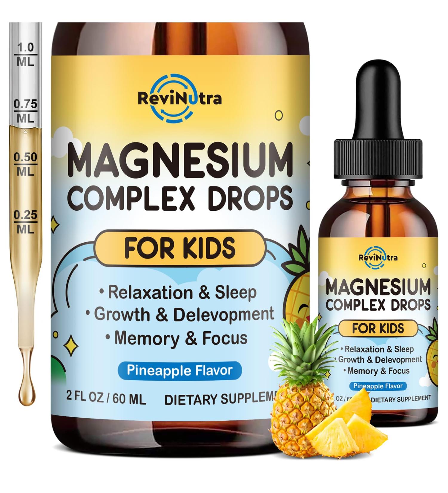 Kids Magnesium Liquid Drops - Magnesium Glycinate Liquid for Kids Magnesium Supplement with L-Theanine Calcium Zinc Vitamin D3 K2 for Sleep Calm Relaxation Brain Bones Pineapple Flavor 2 Fl Oz Pineapple 2 Fl Oz (Pack o  - Buy Online on GoSupps.com