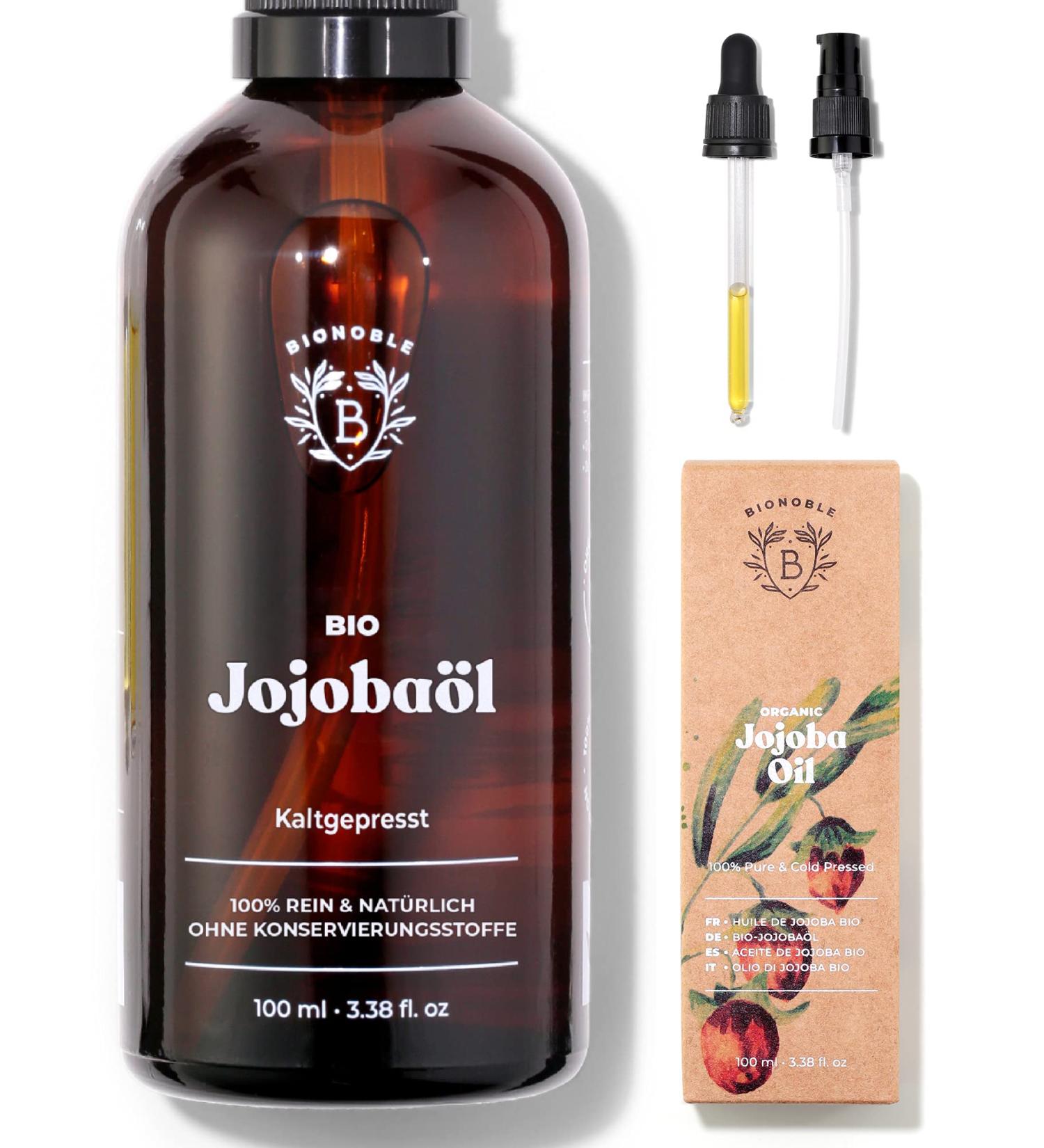 Bionoble Organic Jojoba Oil 100ml - 100% Pure Cold-Pressed Vegan & Cruelty-Free for Face Body Hair Nails - Glass Bottle + Pipette - Buy Online on GoSupps.com