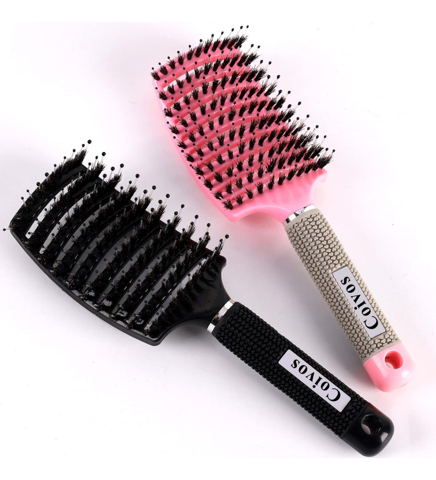 Detangling Brush with Coivos Boar Bristles - Curved Vented Design for Shiny & Healthy Hair - Pink+Black - Ideal for Women, Men, and Kids - Dry and Wet Hair Detangler - Buy Online on GoSupps.com
