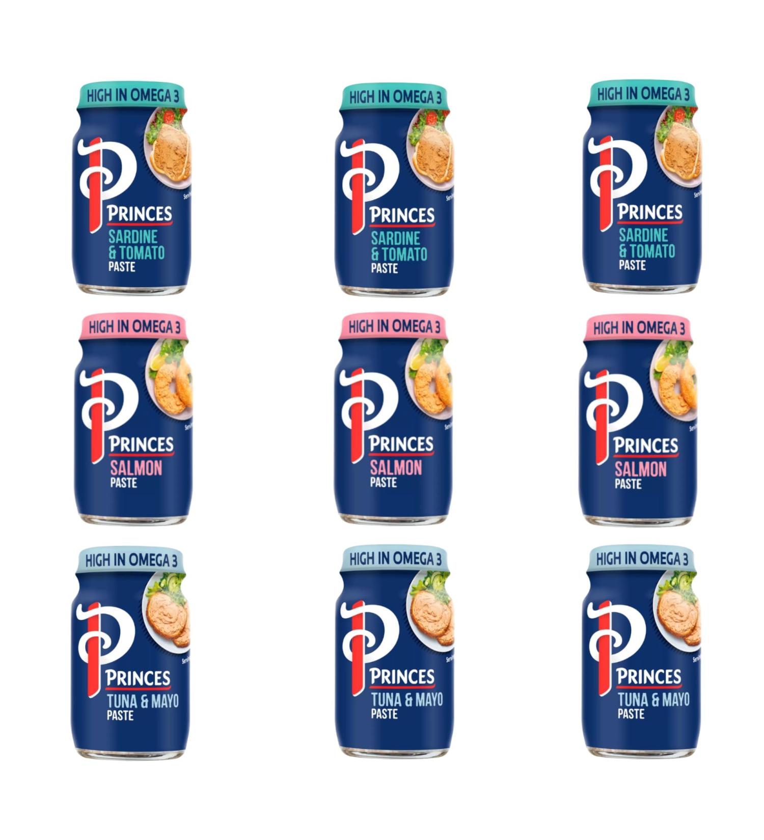 Princes Sandwich Spread Variety Pack - Salmon Tuna and Mayo Sardine and Tomato - (9 x 75g) High Protein and Omega 3 Delicious Fish Pastes for Toast and Sandwiches - Buy Online on GoSupps.com