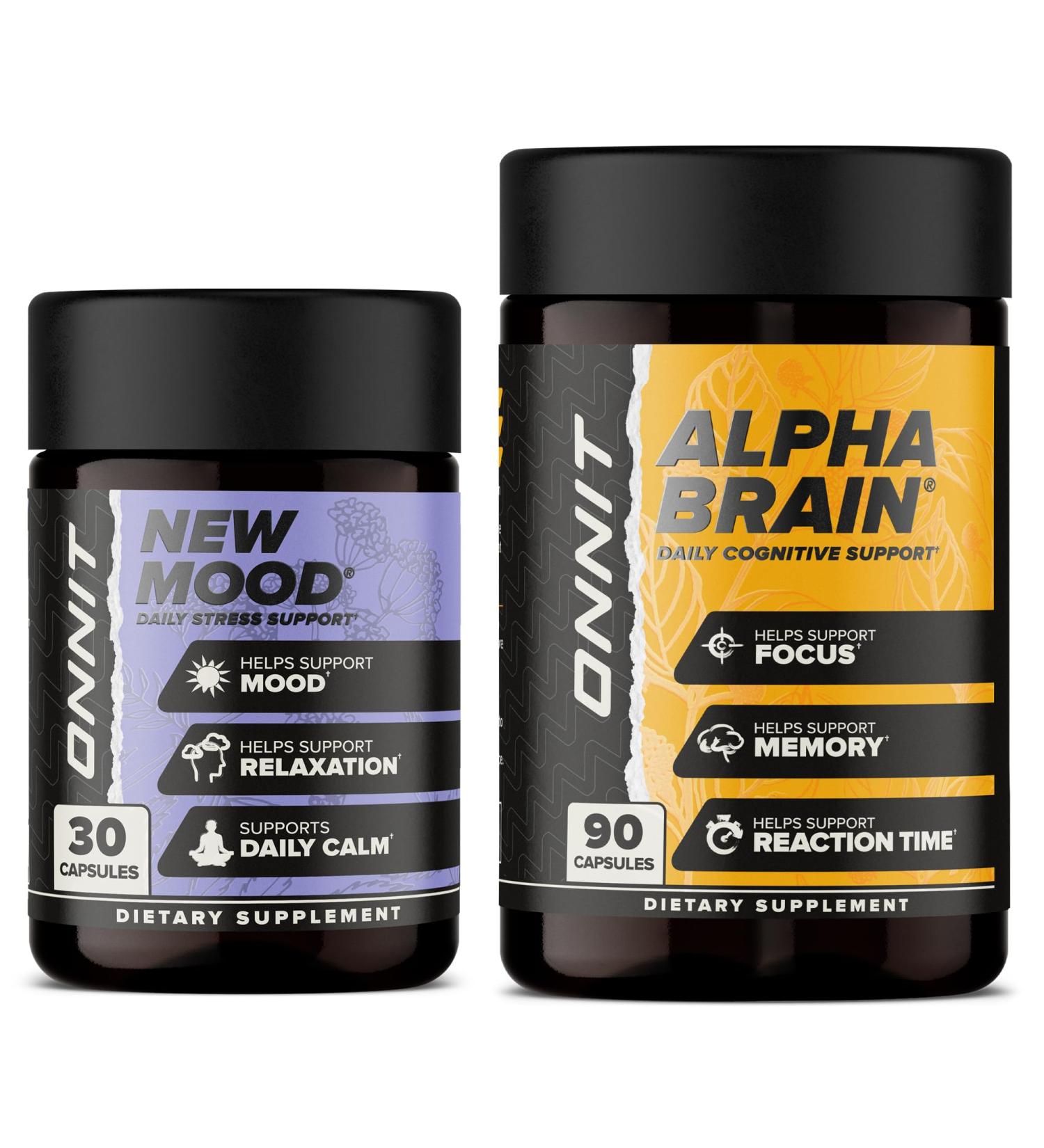 ONNIT Cognitive & Daily Mood Support Bundle: Alpha Brain Nootropic Capsules (90 Count) + New Mood Capsules (30 Count) IGEN Non-GMO Tested Focus Mental Clarity & Relaxation Pack of 2 - Buy Online on GoSupps.com