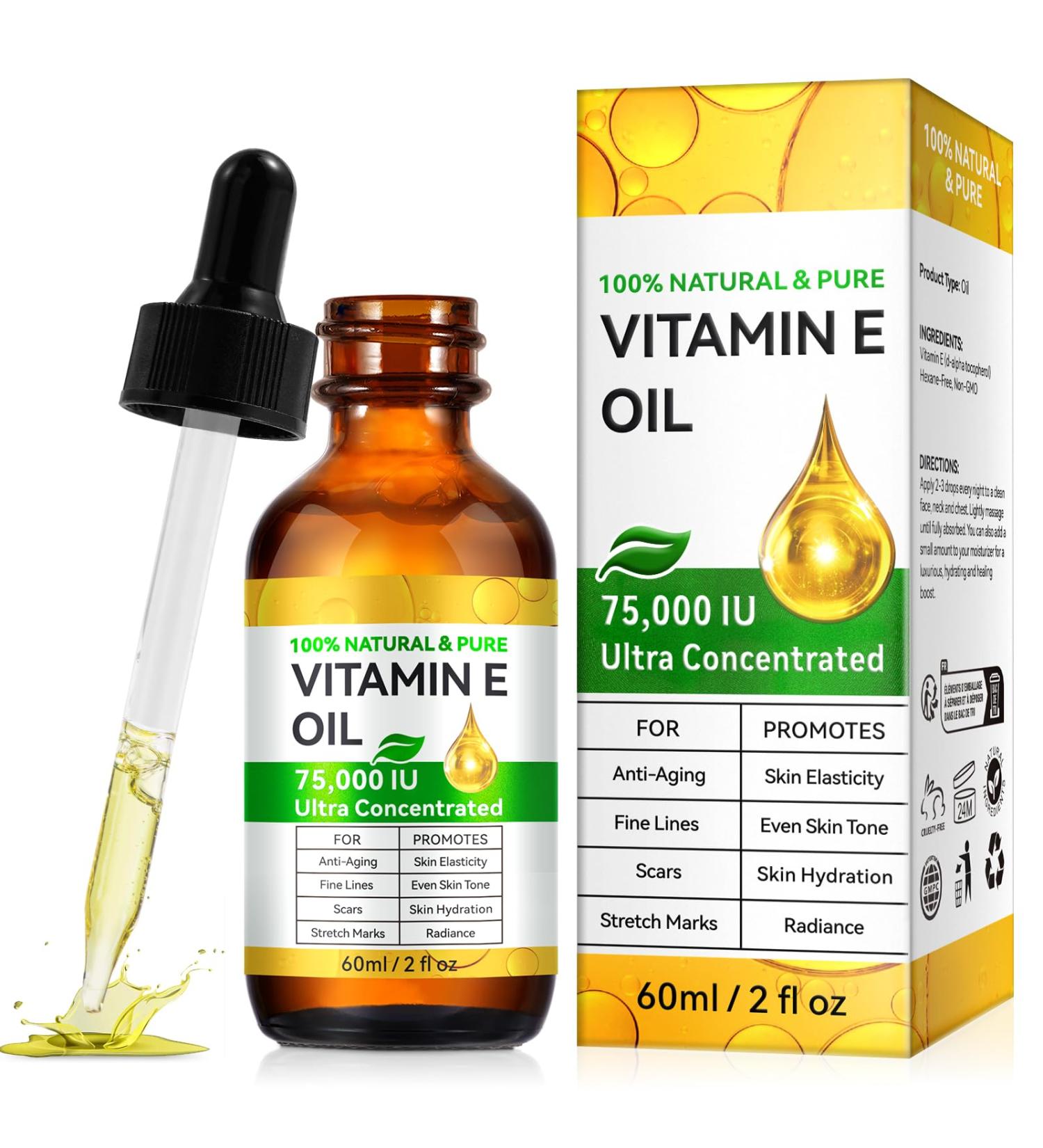 Huile de vitamine E - 75 000 IU - Pour la peau les cicatrices le visage et le corps - Hydrate la peau s che et r duit les ridules - 60 ml - Buy Online on GoSupps.com