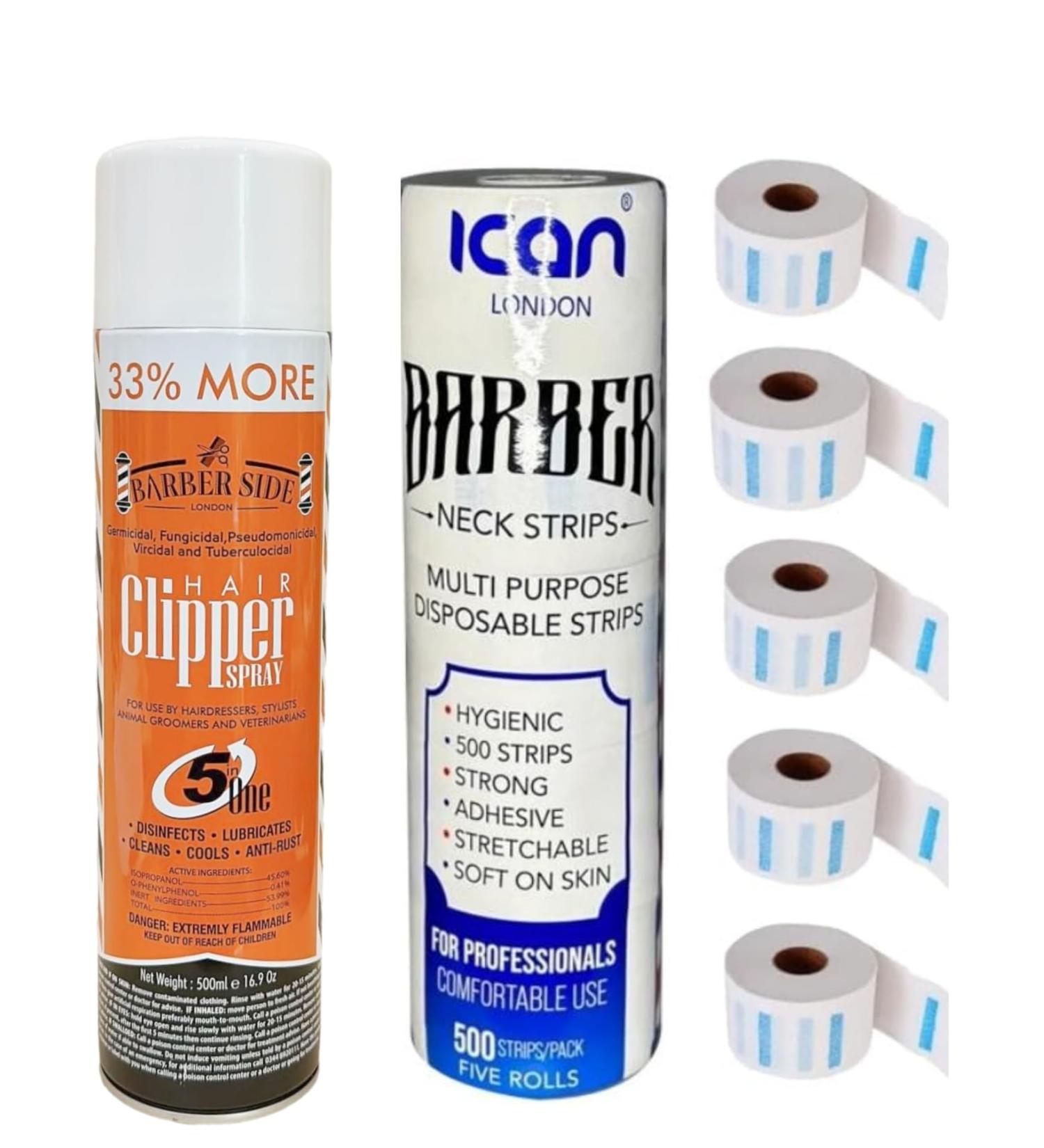 ican Barber Side Clipper Disinfectant Spray 500ml + Neck Roll Strips 5 Rolls Combo Sets