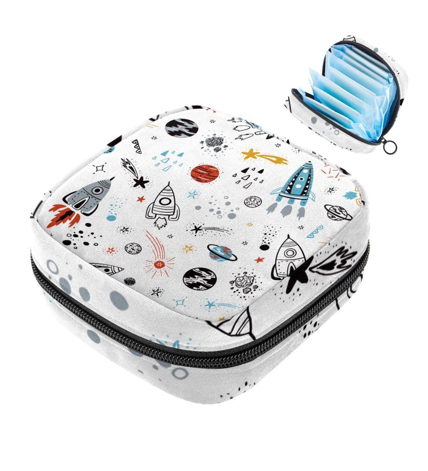 Cartoon Space Starry Sky Spaceship Sanitary Napkin Storage Bag | Portable Menstrual Cup Pocket with Zipper for Teenage Girls & Women - Color 3 - Buy Online on GoSupps.com