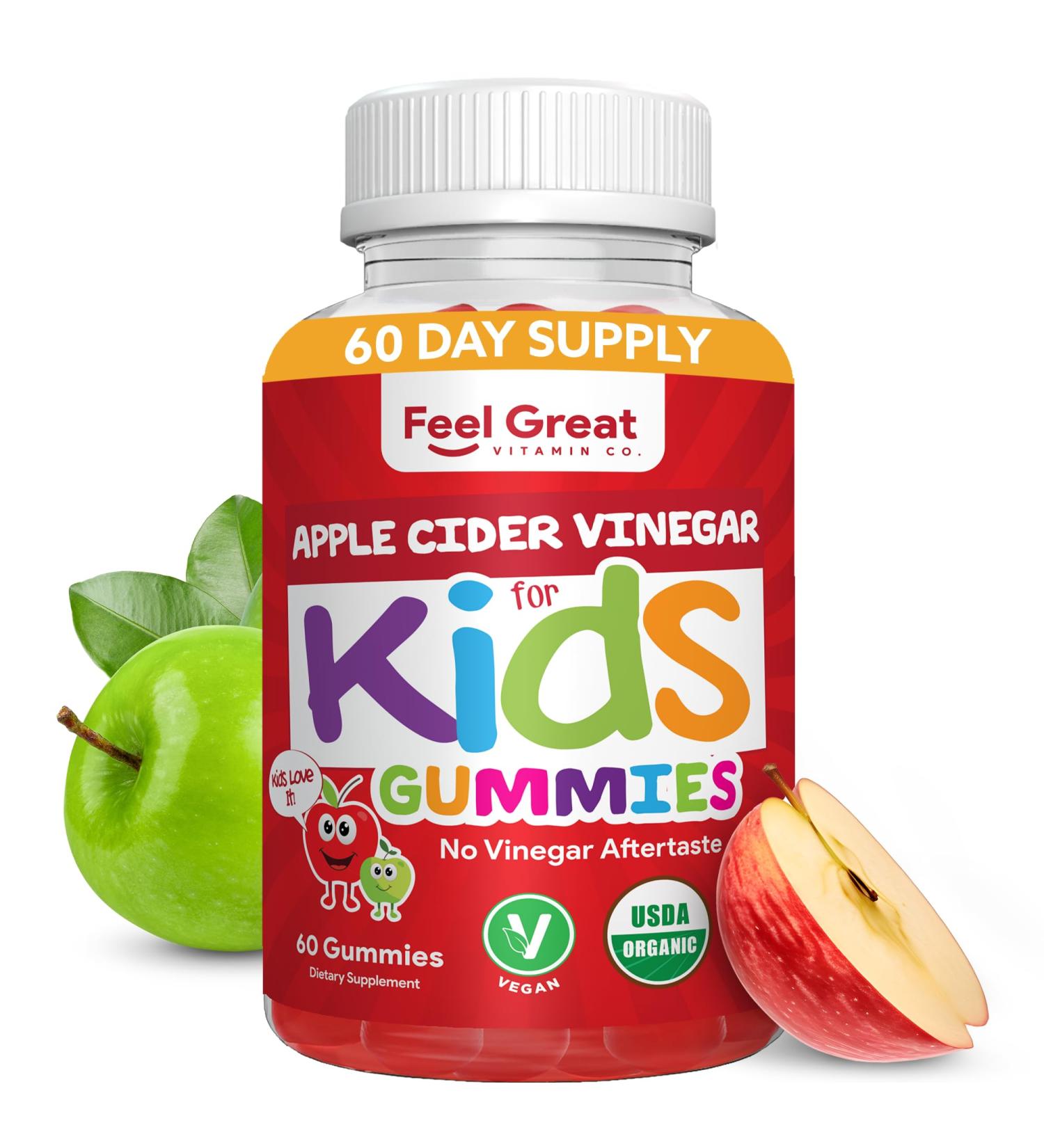 Organic Kids Apple Cider Vinegar Gummies by Feel Great Vitamins | Rich in Digestive Enzymes & Natural Antioxidants for Gut Health | Kids Gummy Supports Healthy Nutrient Absorption | 60 Day Supply - Buy Online on GoSupps.com