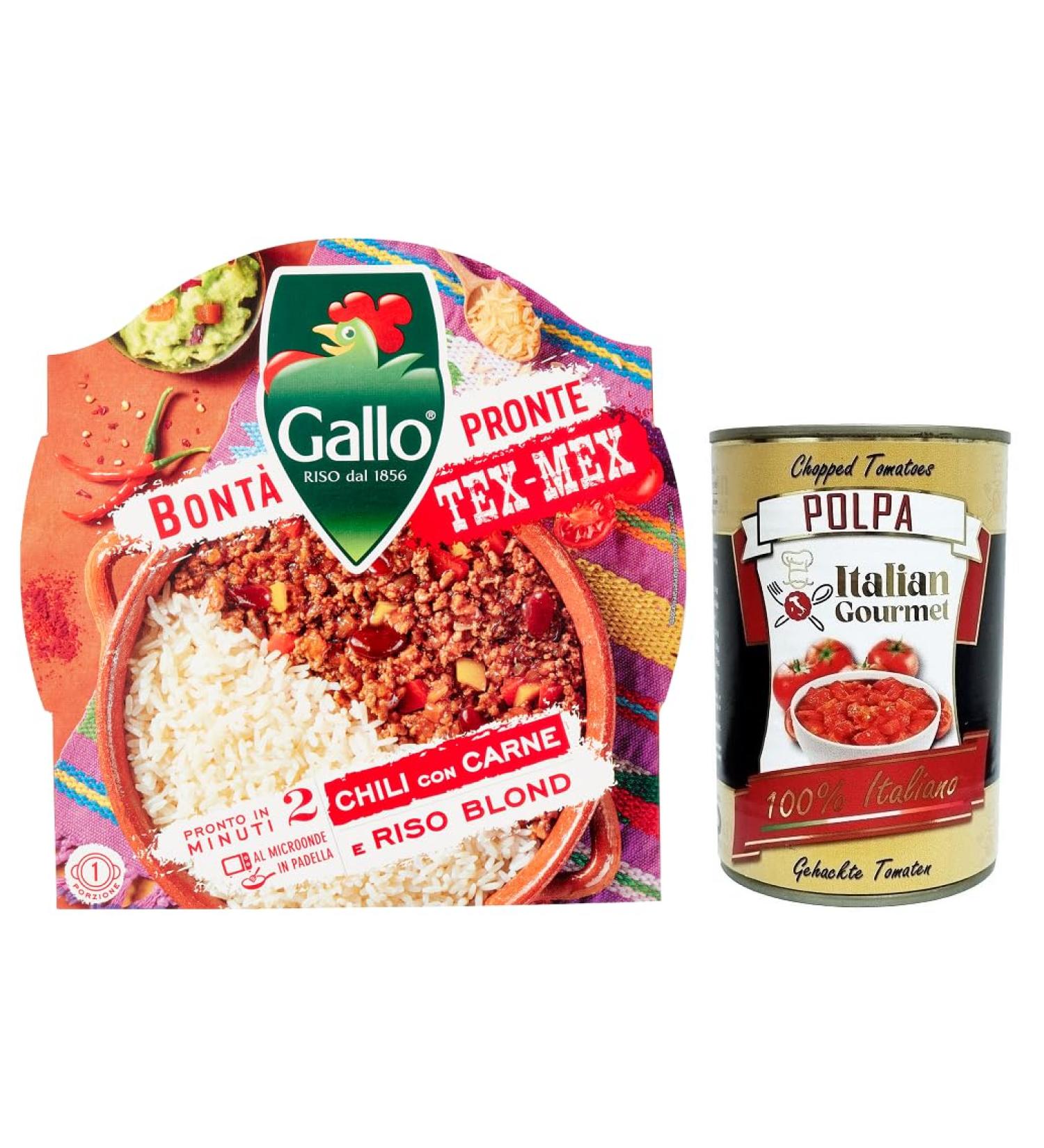  Italian Gourmet E.R. Riso Gallo Bont Pronte Tex-Mex Chili con Carne pre-cooked preparation with parboiled rice beans meat and peppers 220 g + Italian Gourmet Polpa di Pomodoro 400 g - Buy Online on GoSupps.com
