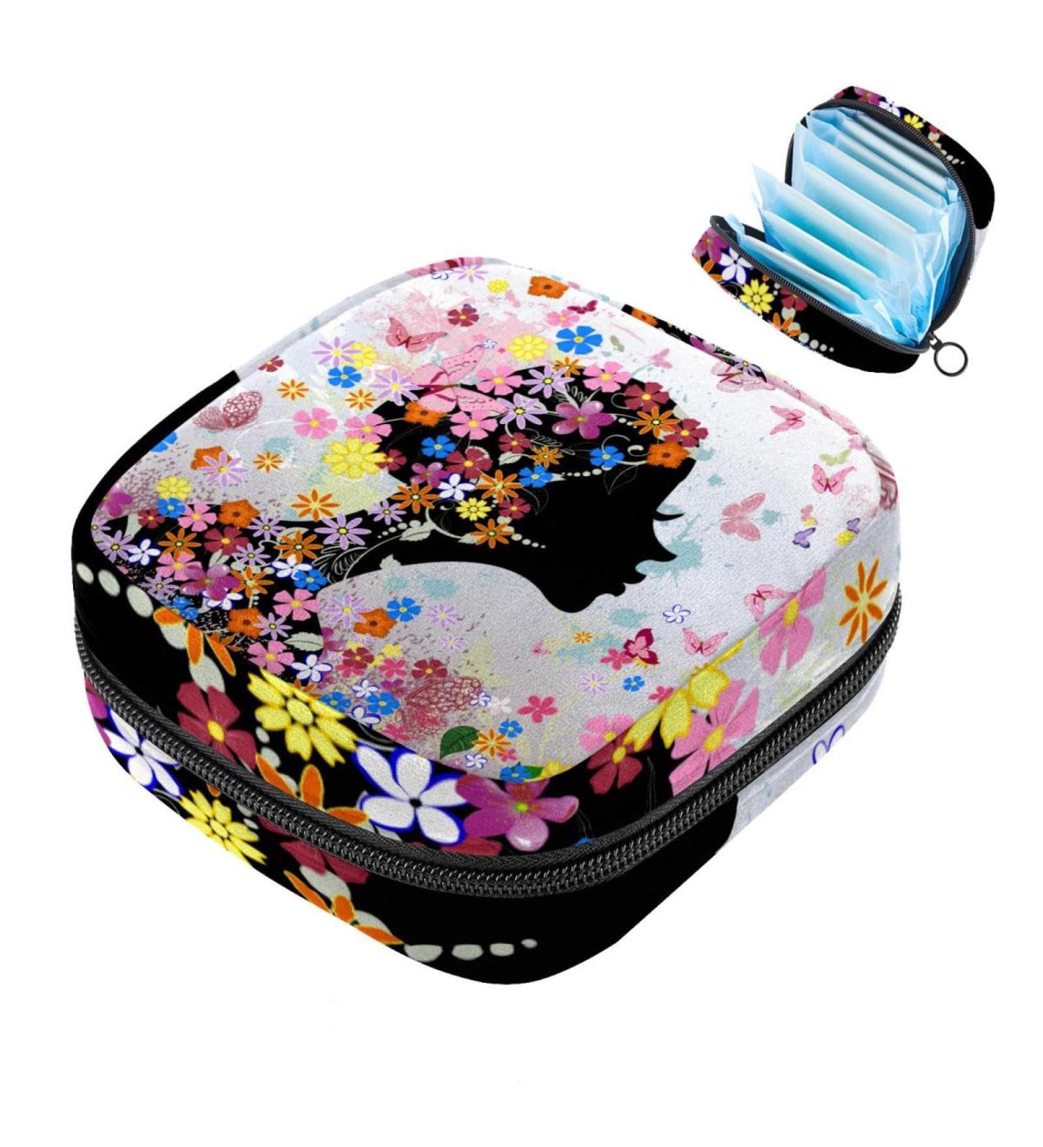 Javenproeqt Portable Women's Binding-Up Bag | Menstrual Cup Pocket & Tampon Holder for Teen Girls | Multi-Colored Flower & Butterfly Design - Buy Online on GoSupps.com