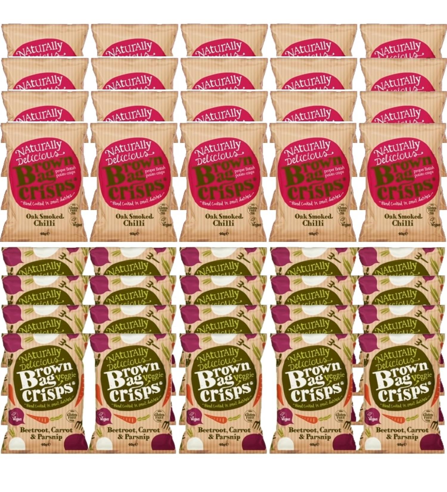 Brown Bag Oak Smoked Chilli Crisps and Beetroot Carrot & Parsnip Veg Crisps (2 Boxes) - Buy Online on GoSupps.com