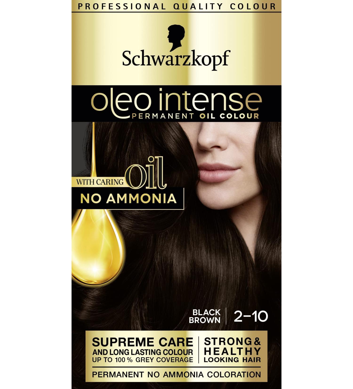 Schwarzkopf Oleo Intense Permanent Brown Hair Dye - Ammonia Free with Oil Enrichment - Black Brown (2-10) - 1 Count Pack for Up to 100% Grey Coverage - Buy Online on GoSupps.com