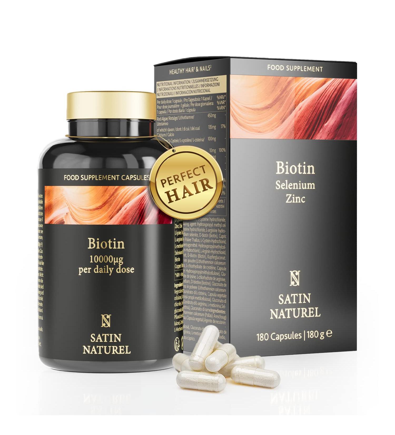 Biotin Hair Growth Supplement 10,000mcg - 6 Month Supply - Vegan Hair Vitamins with Zinc & Selenium for Men & Women - Satin Naturel - Buy Online on GoSupps.com