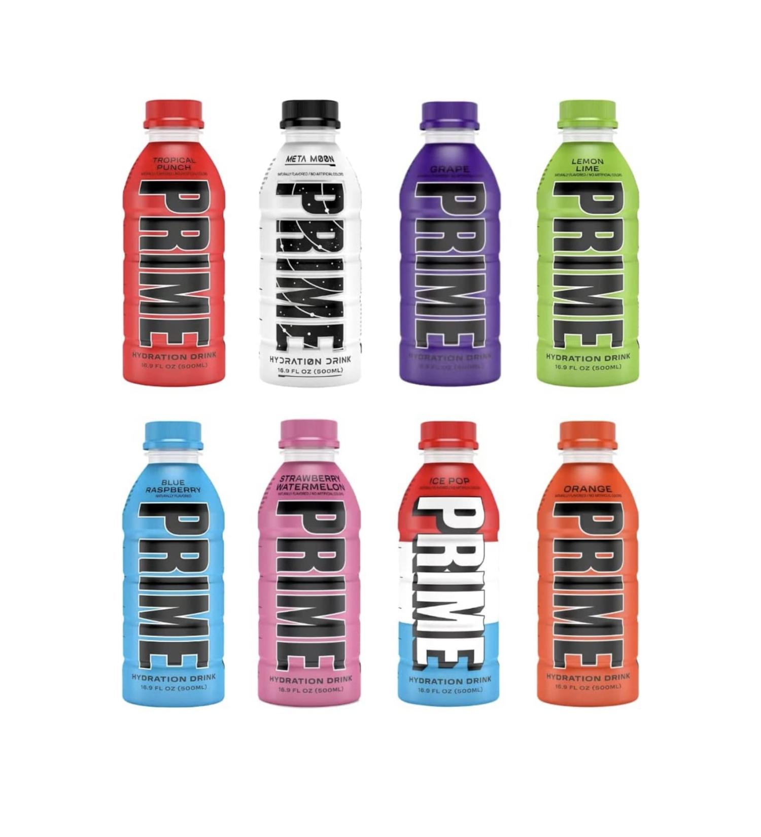 New Prime Hydration ALL 8 Flavours - Strawberry Watermelon Meta Moon Ice Pop Grape Orange Blue Raspberry Tropical Punch & Lemon Lime (8 Pack - 16Oz Per Bottle) - Buy Online on GoSupps.com