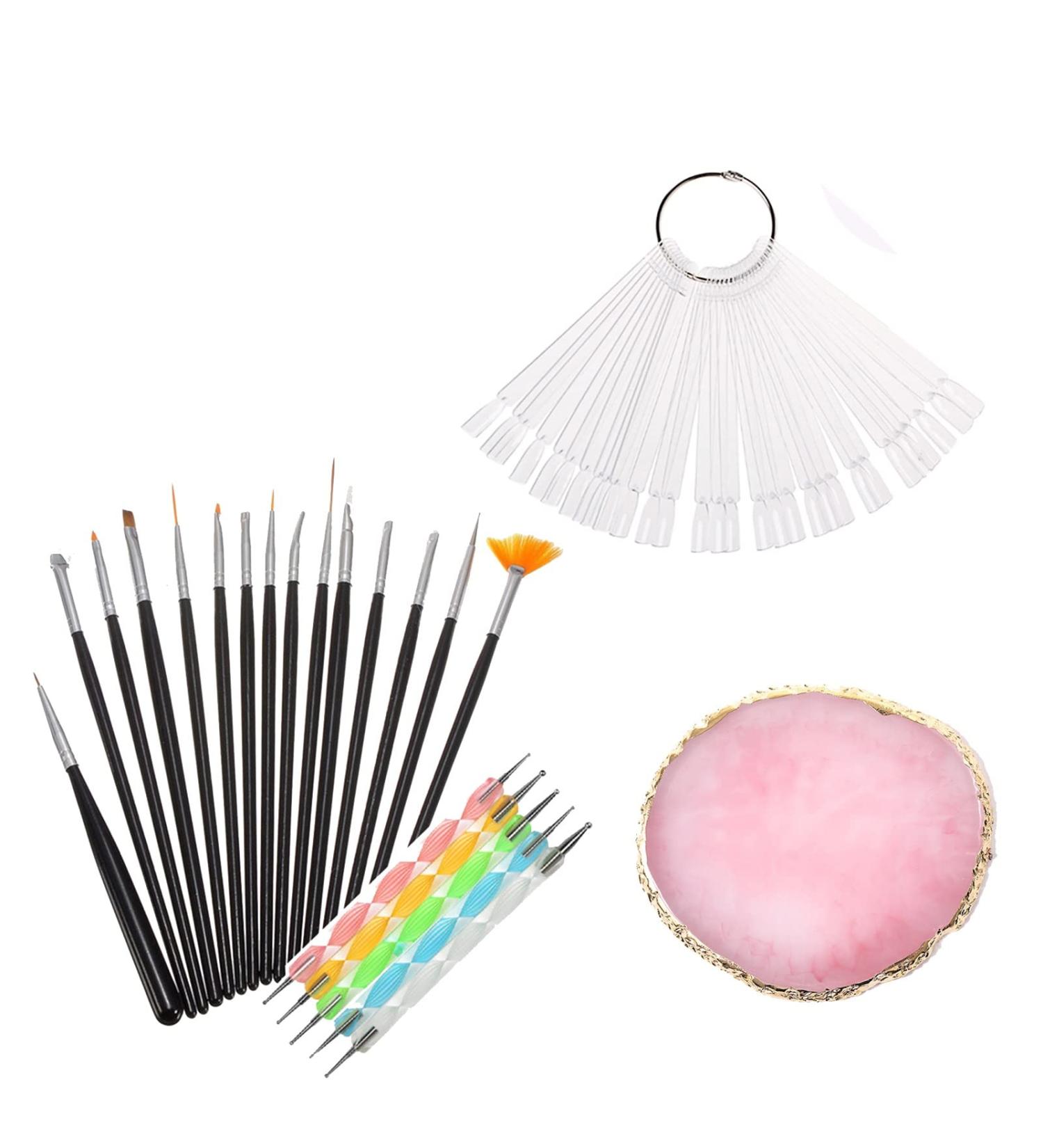 Pinkiou Nail Art Set: 15 Acrylic Brushes, 5 Dotting Pens, 50 Tips Sticks Display, Resin Palette - Pink | Nail Art Decoration Kit - Buy Online on GoSupps.com