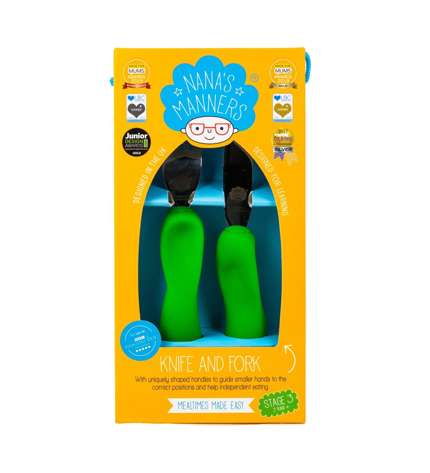 Nana's Manners Stage 3 Cutlery Set- Children's Knife & Fork for Self-Feeding- Ages 3 & Up- Silicone Handles- Non-BPA- Borneo Green - Buy Online on GoSupps.com