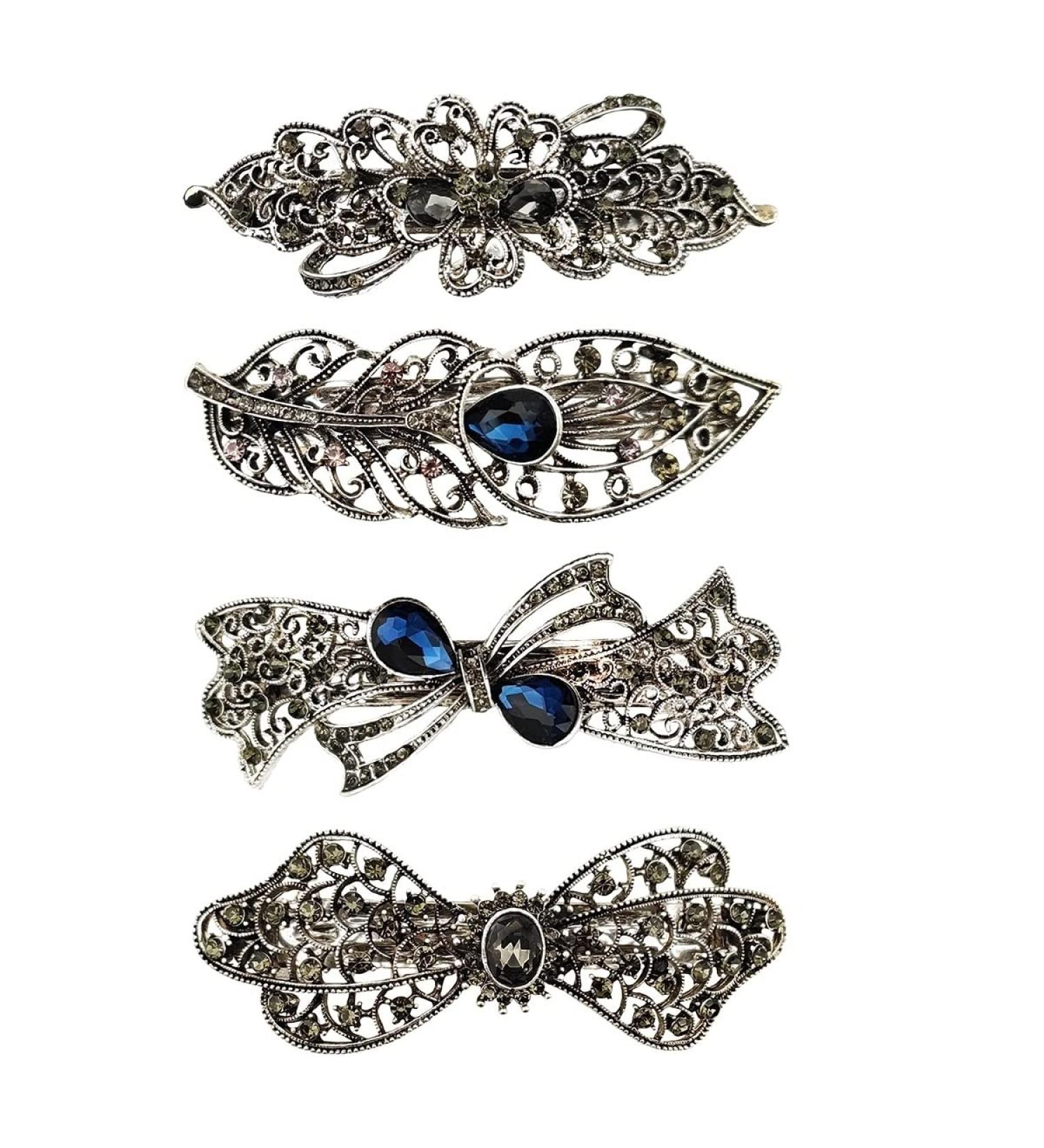 Vintage Hair Barrettes with French Clip and Sparkling Stones - Set of 4 | Elegant Hair Clips for Women - 3.5 Length | Retro Spring Hair Accessories for Styling Thick and Medium Hair - Buy Online on GoSupps.com