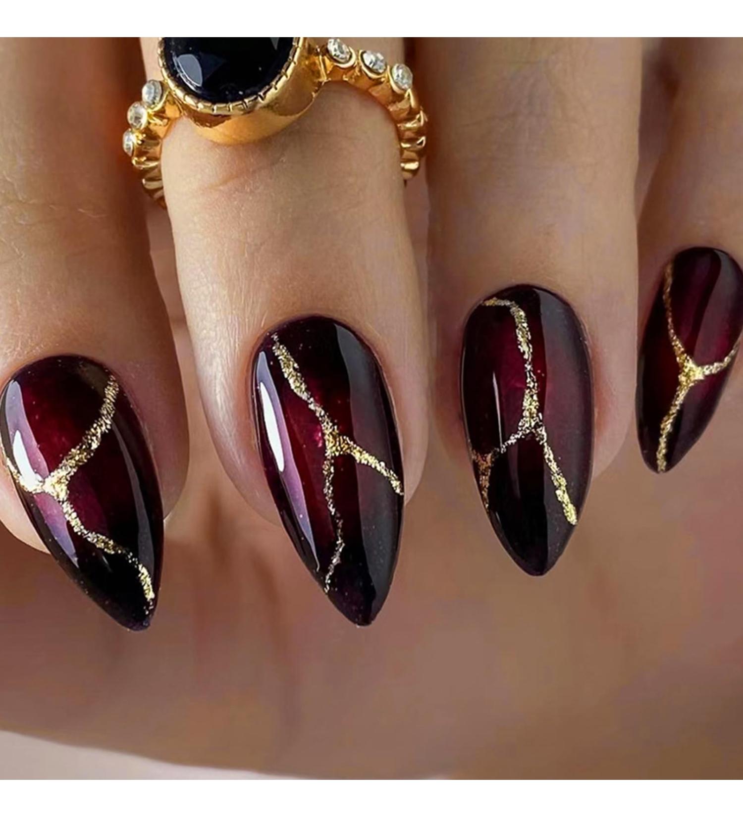 24Pcs Short Dark Red Almond French Press on Nails - Glossy Acrylic French Tips with Gold Design for Women and Girls - Buy Online on GoSupps.com