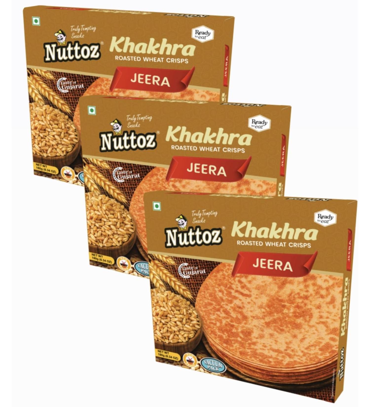Nuttoz JEERA Khakhra Roasted Wheat Crisps with Cumin Seeds 180g (PACK OF 3) 60.00 g (Pack of 3) - Buy Online on GoSupps.com