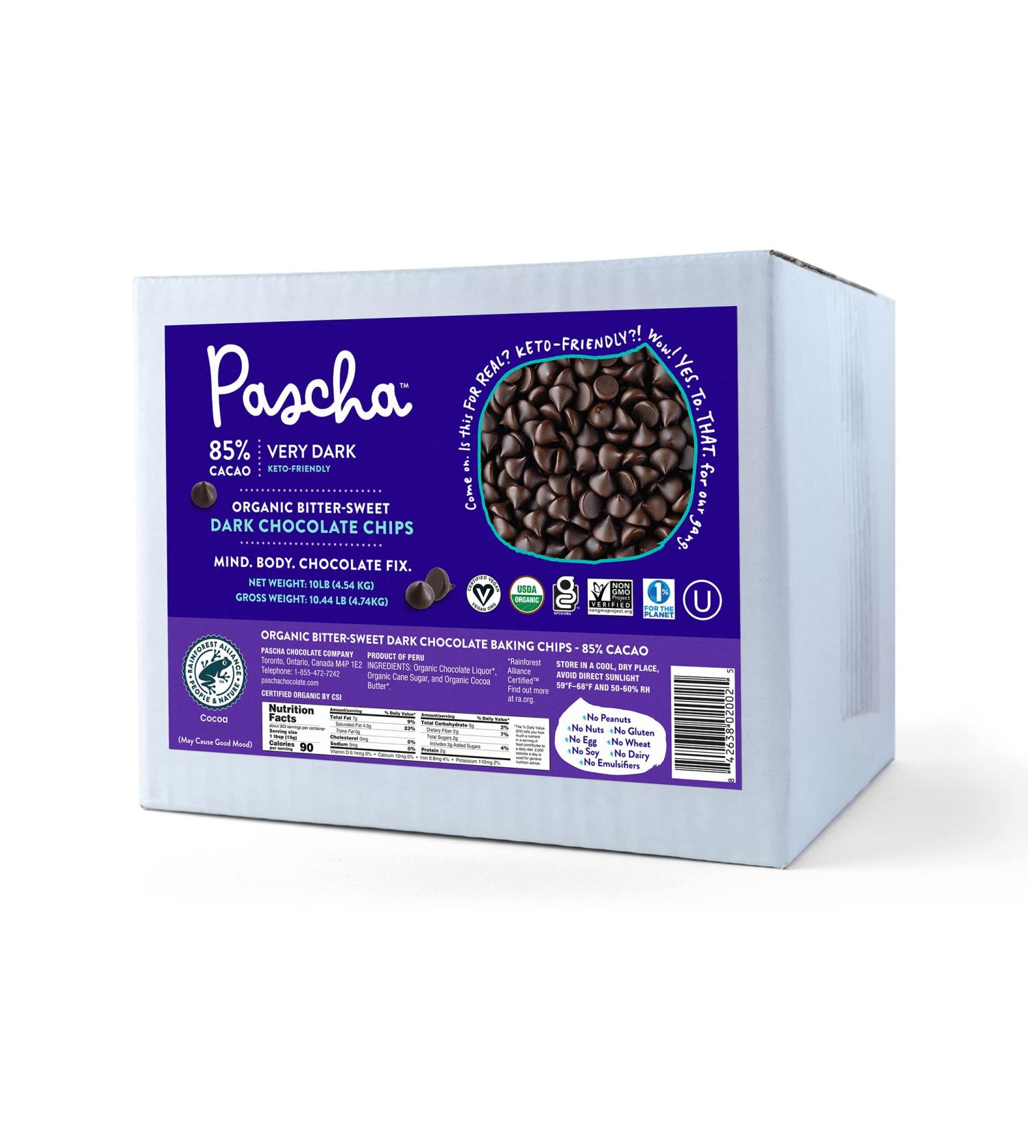 10lb Pascha Organic Bitter Sweet Chocolate Chips 85% Cacao | UTZ Certified | Gluten-Free & Non-GMO - Buy Online on GoSupps.com