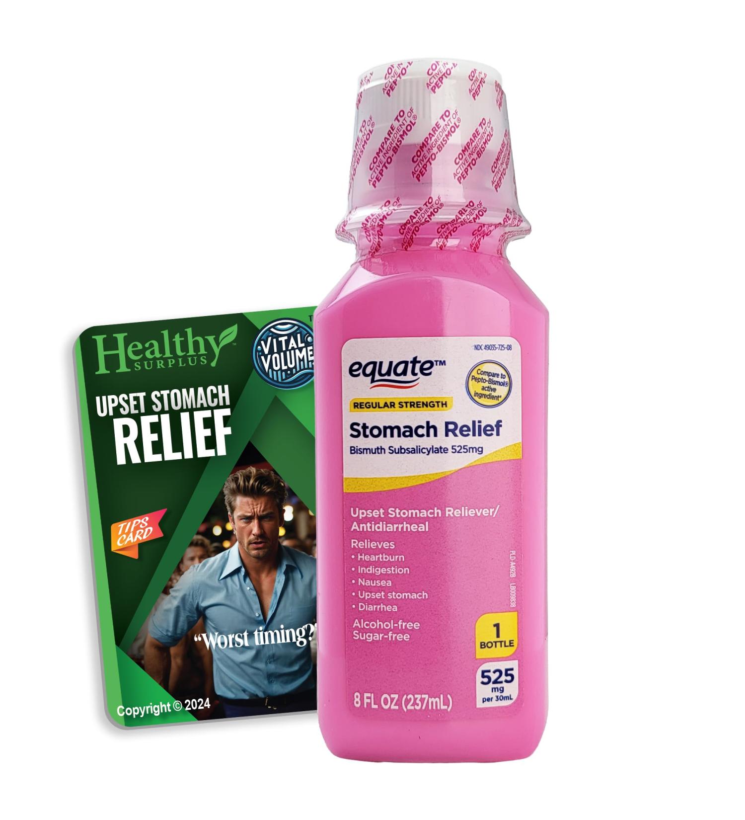 Healthy Surplus Equate Stomach Relief Bismuth Subsalicylate 525mg - 8 FL OZ (237mL) Liquid - 1 Bottle and Vital Volumes Upset Stomach Tips Card Bundle